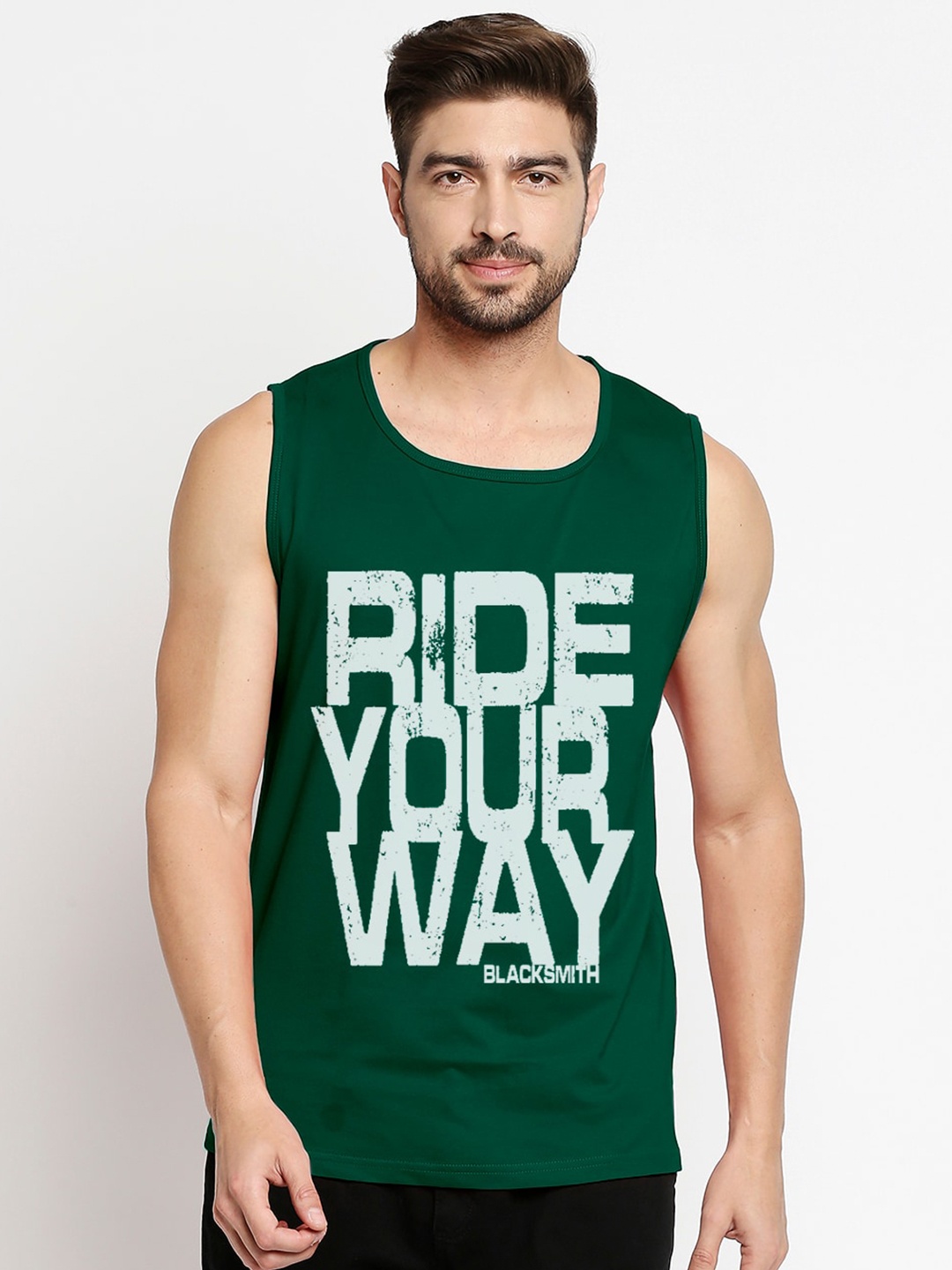 

Blacksmith Men Green Typography Printed Pure Cotton Regular Fit Training or Gym T-shirt