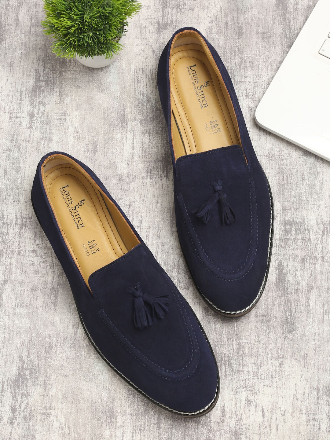 

LOUIS STITCH Men Blue Suede Loafers With Tassels