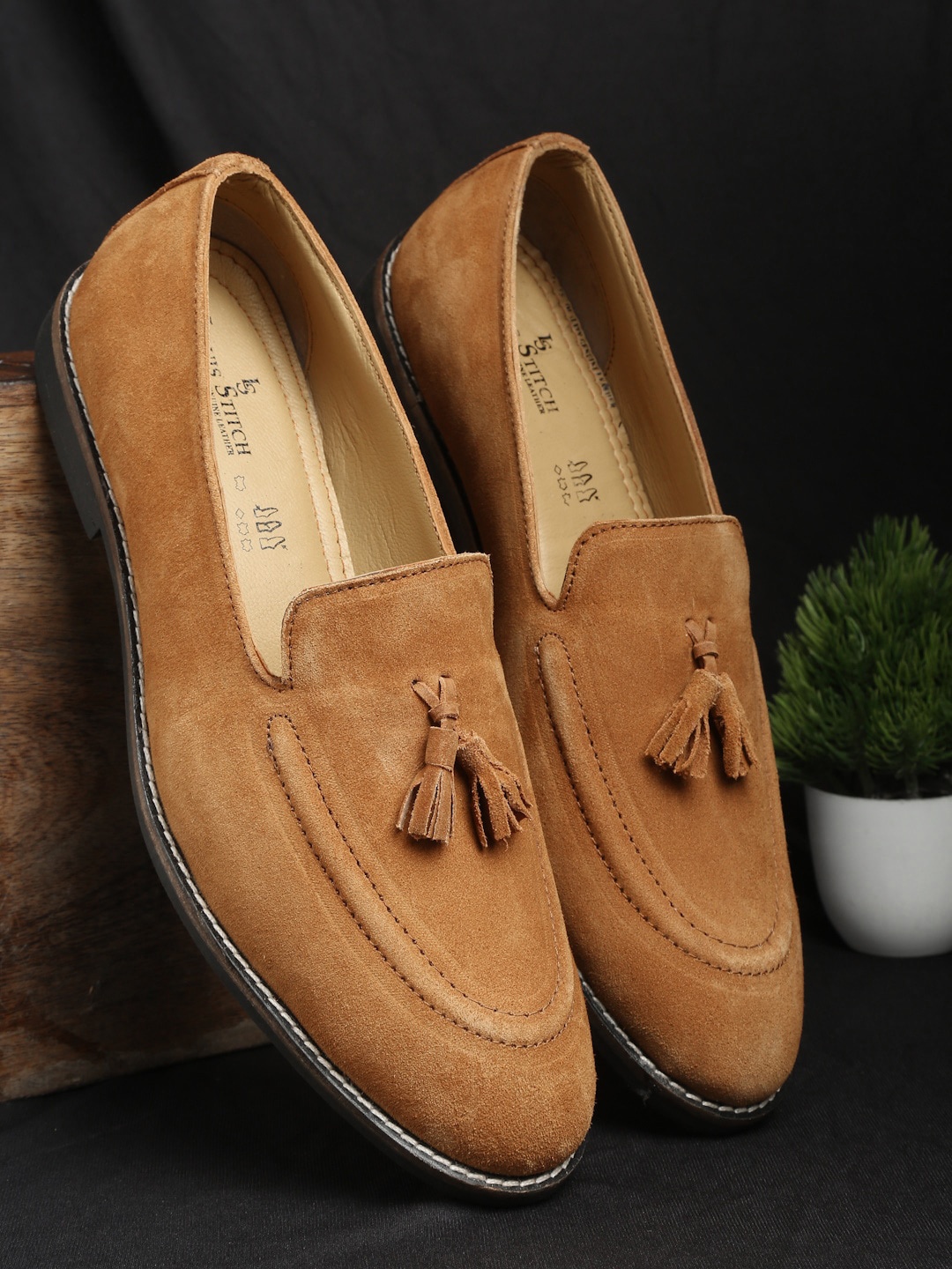 

LOUIS STITCH Men Tan Suede Leather Loafers With Tassels