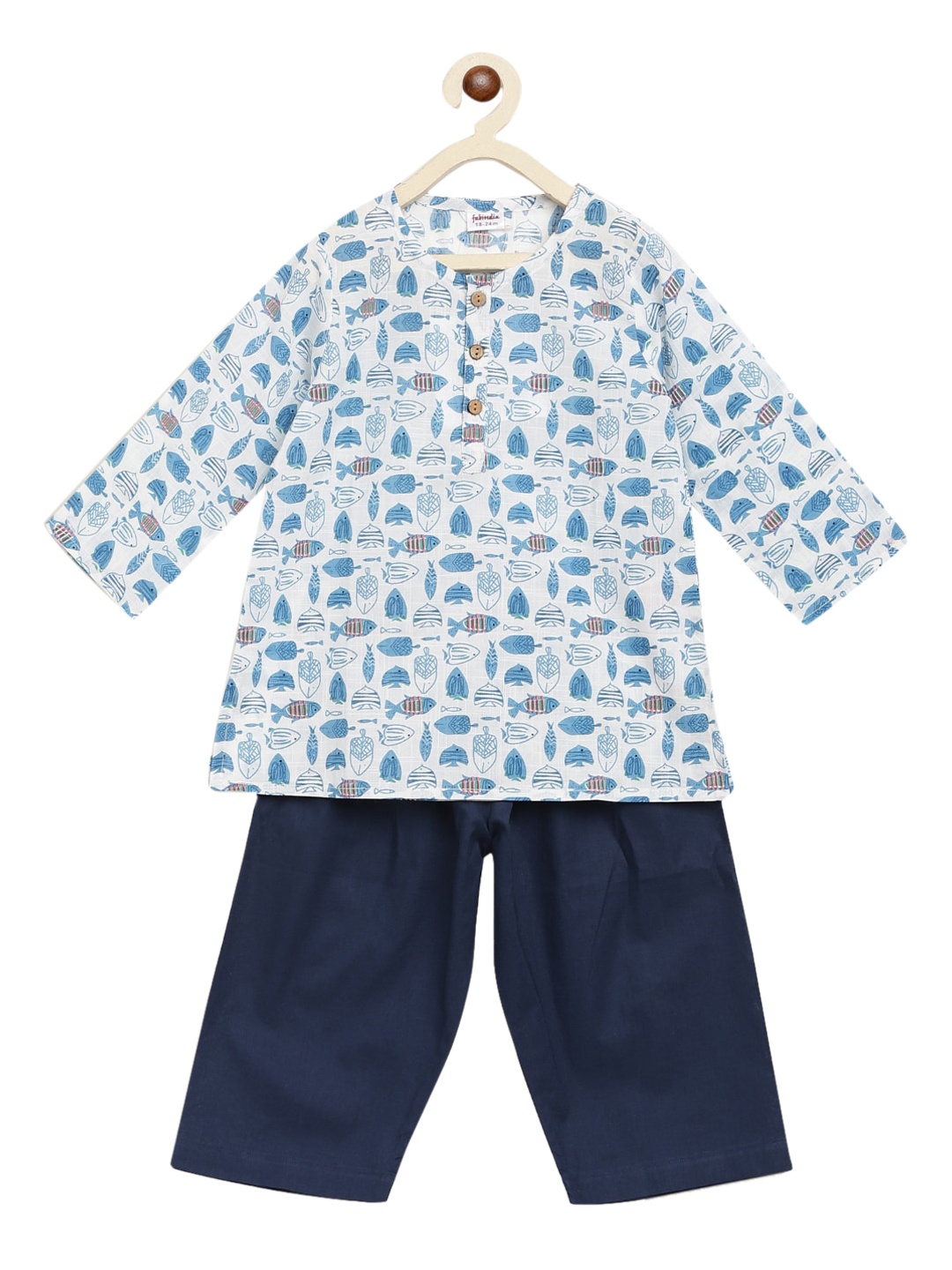 

Fabindia Boys Blue & White Printed Pure Cotton Kurta With Trousers