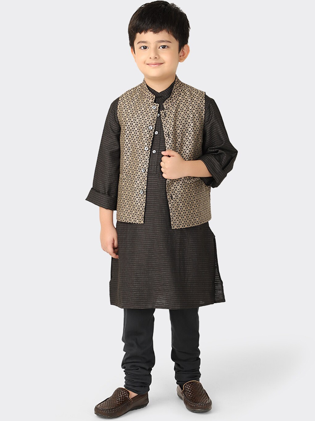 

Fabindia Boys Black Woven Design Kurta with Churidar & Nehru Jacket