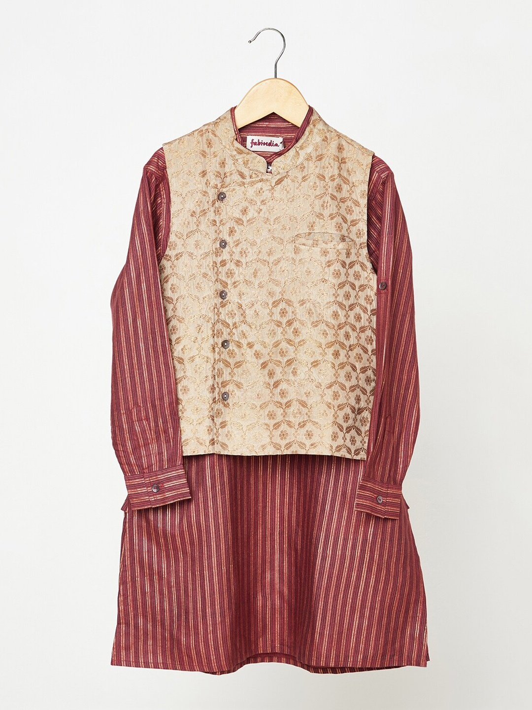 

Fabindia Boys Maroon & Beige Woven Design Kurta with Nehru Jacket