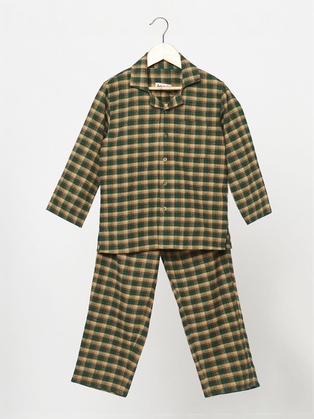 

Fabindia Boys Green Checked Pure Cotton Kurta with Salwar