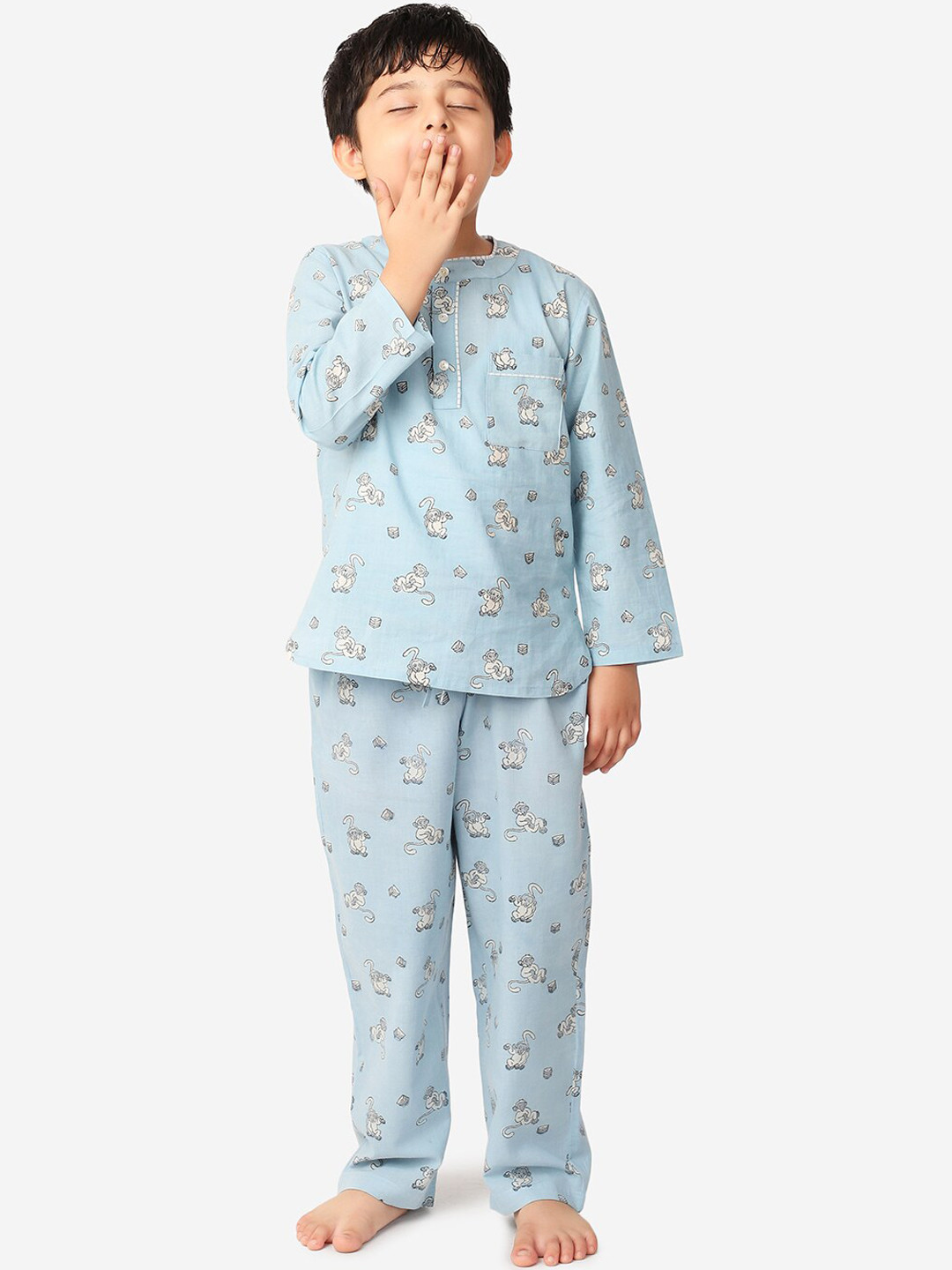 

Fabindia Boys Blue Printed Pure Cotton Night suit