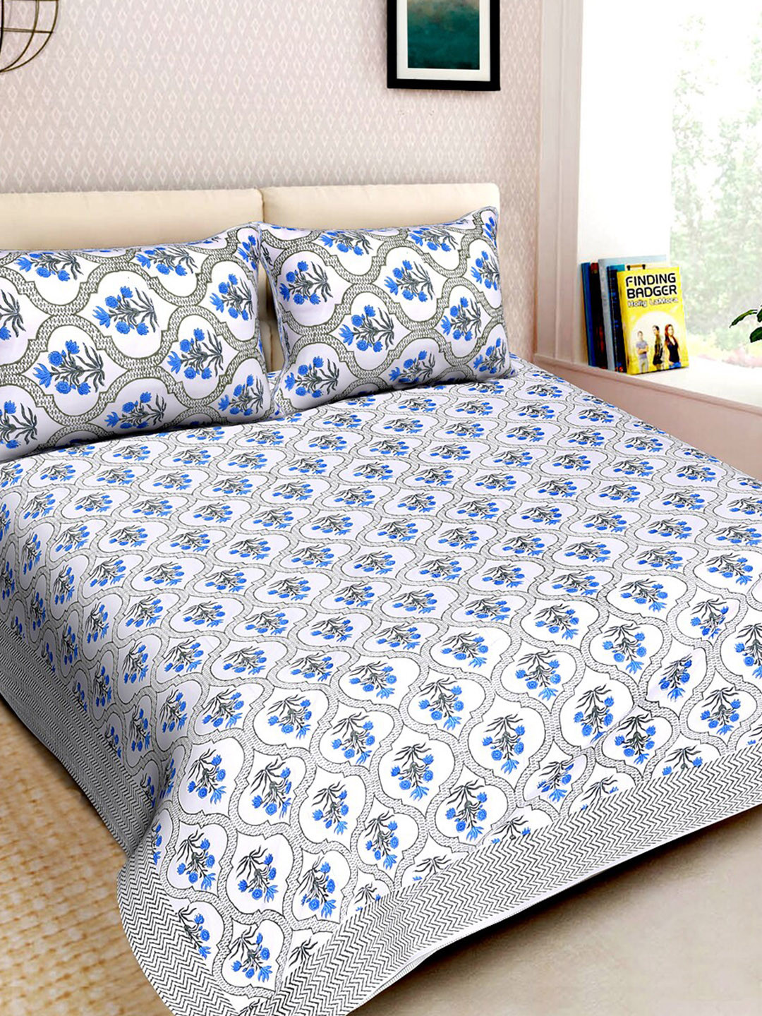 

Moms Home Blue & White Printed 300 TC Organic Cotton King Bedsheet With 2 Pillow Covers