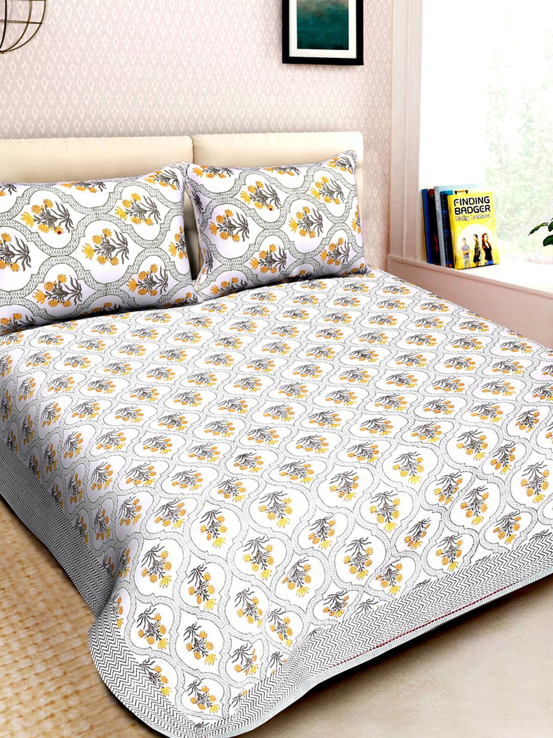 

Moms Home White & Yellow Floral 300 TC Organic Cotton King Bedsheet with 2 Pillow Covers