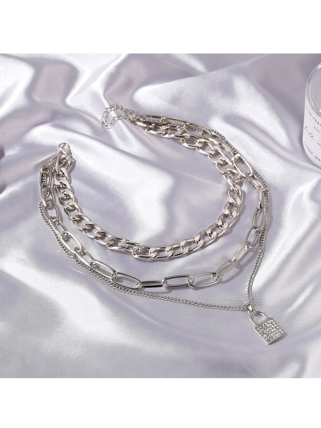 

Vembley Women Silver-Plated Triple Layered Chunky Chain Lock Pendant Necklace