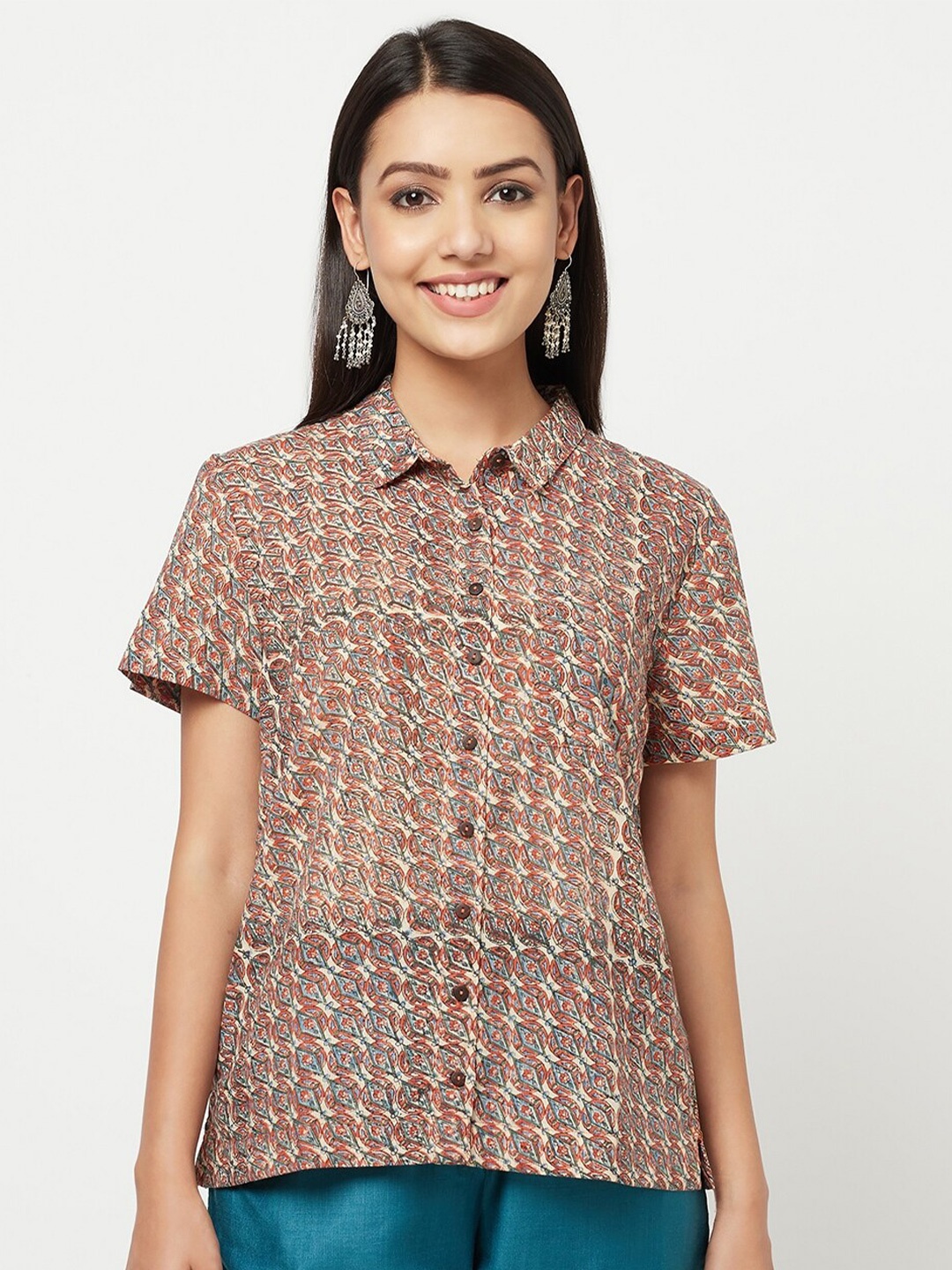 

Fabindia Women Beige Regular Fit Printed Cotton Casual Shirt
