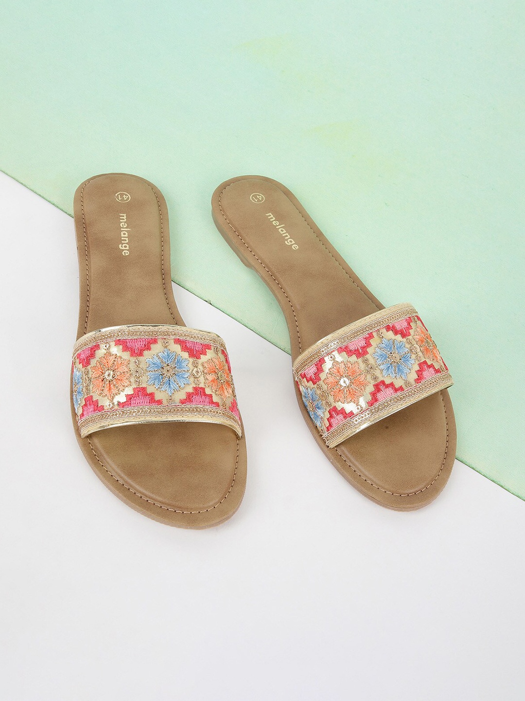 

Melange by Lifestyle Gold Embroidered Fabric Open Toe Flats