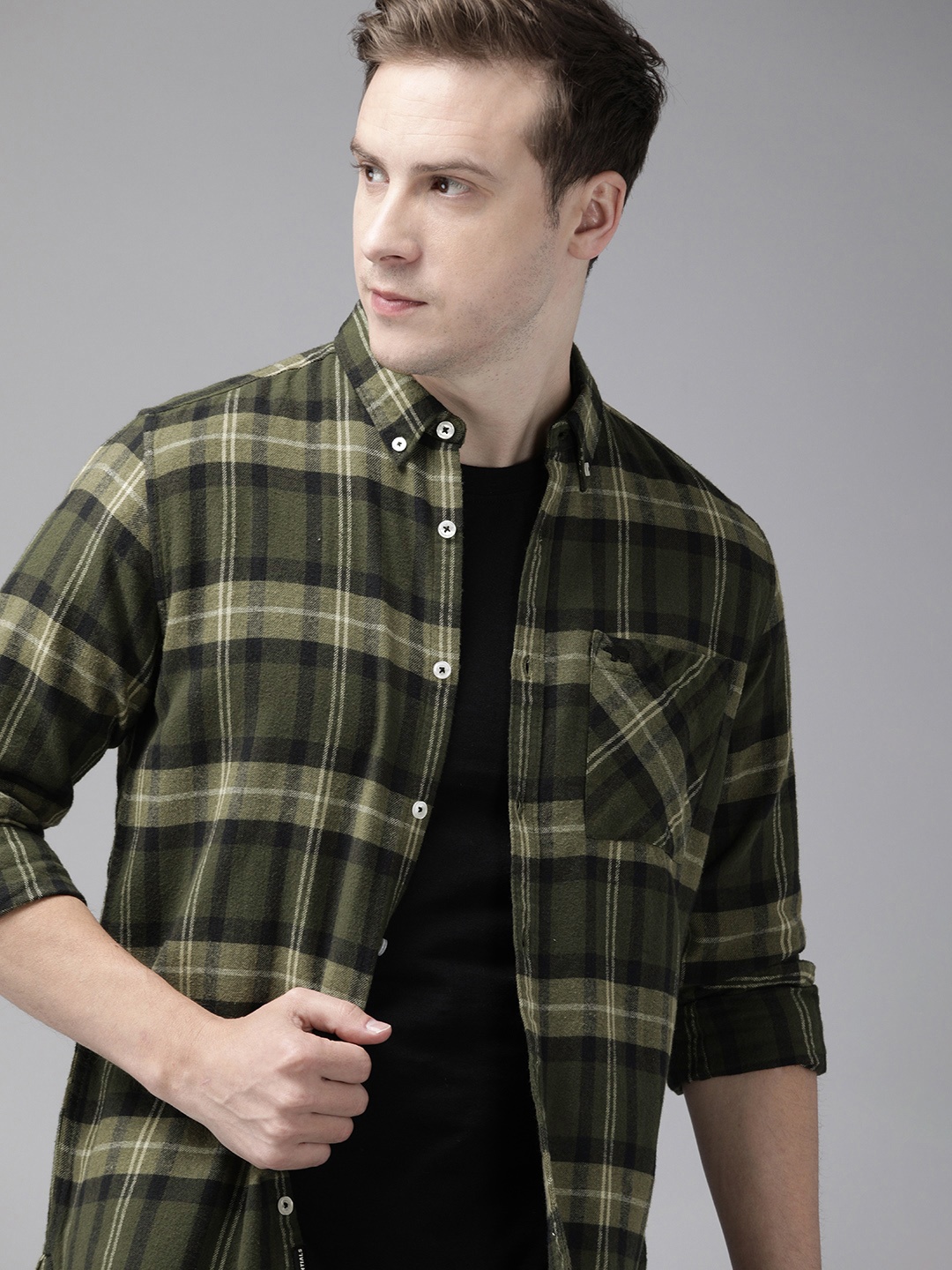 

THE BEAR HOUSE Men Olive Green & White Slim Fit Checked Pure Cotton Casual Shirt