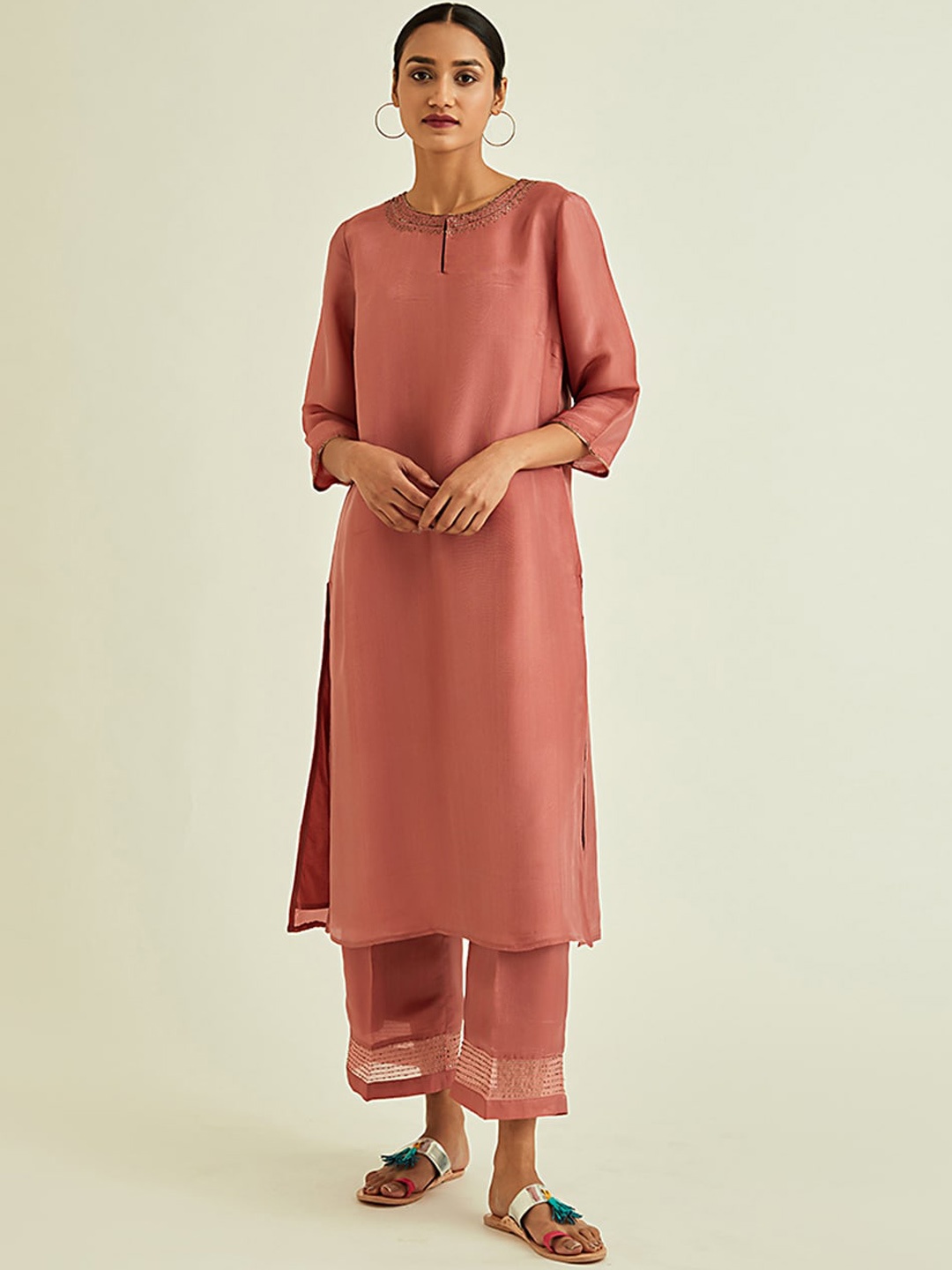 

Ancestry Women Pink Embroidered Keyhole Neck Kurta