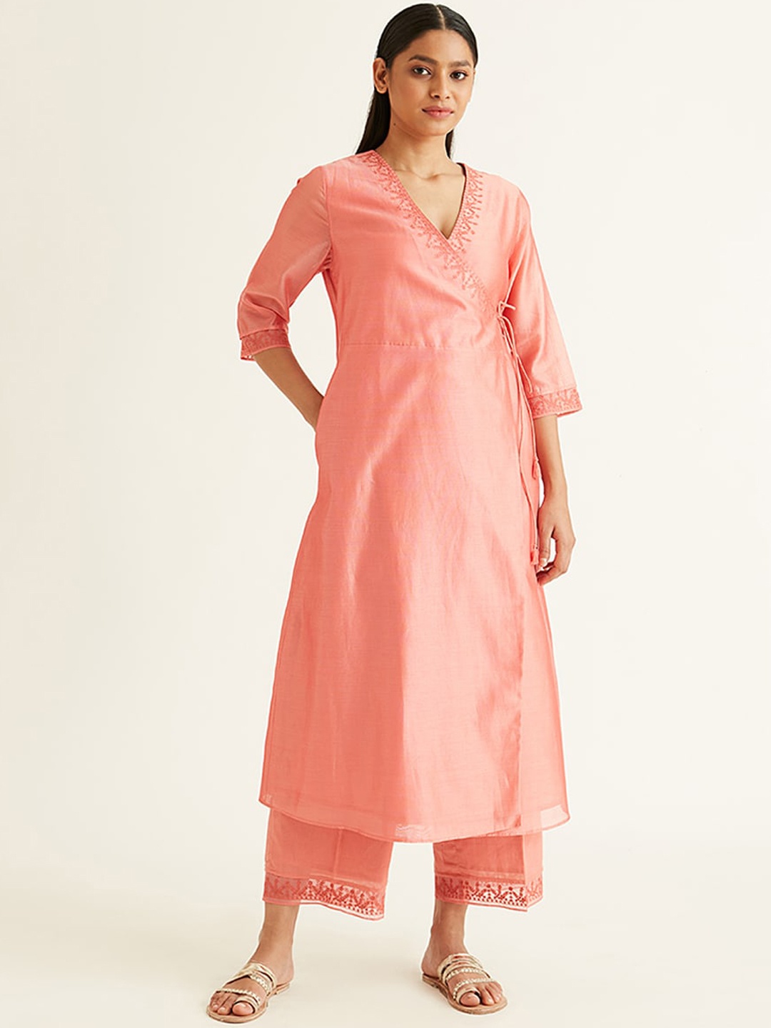 

Ancestry Women Pink Embellished Chanderi Silk A-line Kurta