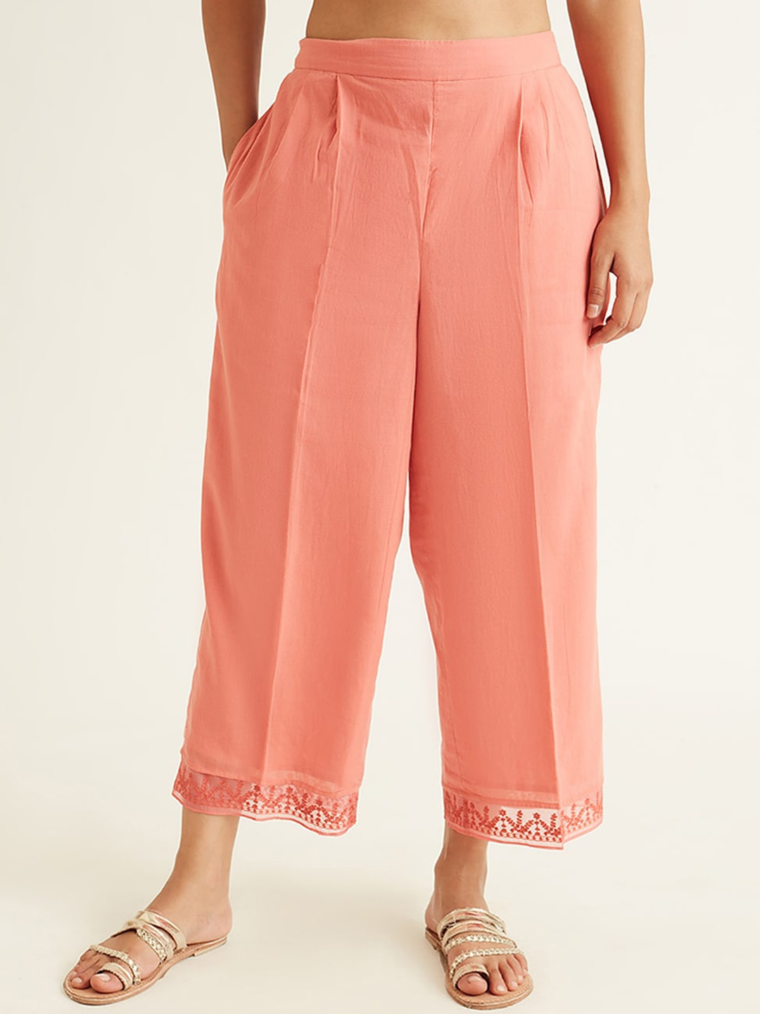 

Ancestry Women Pink Regular Fit Pleated Chanderi Parallel Trousers