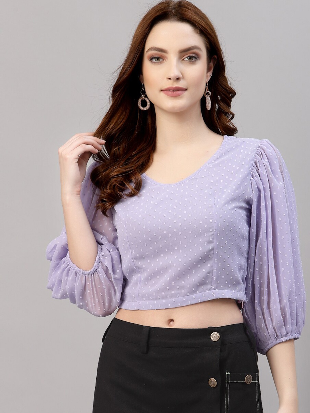 

NEUDIS Women Lavender Self Design Chiffon Puff Sleeves Blouson Crop Top