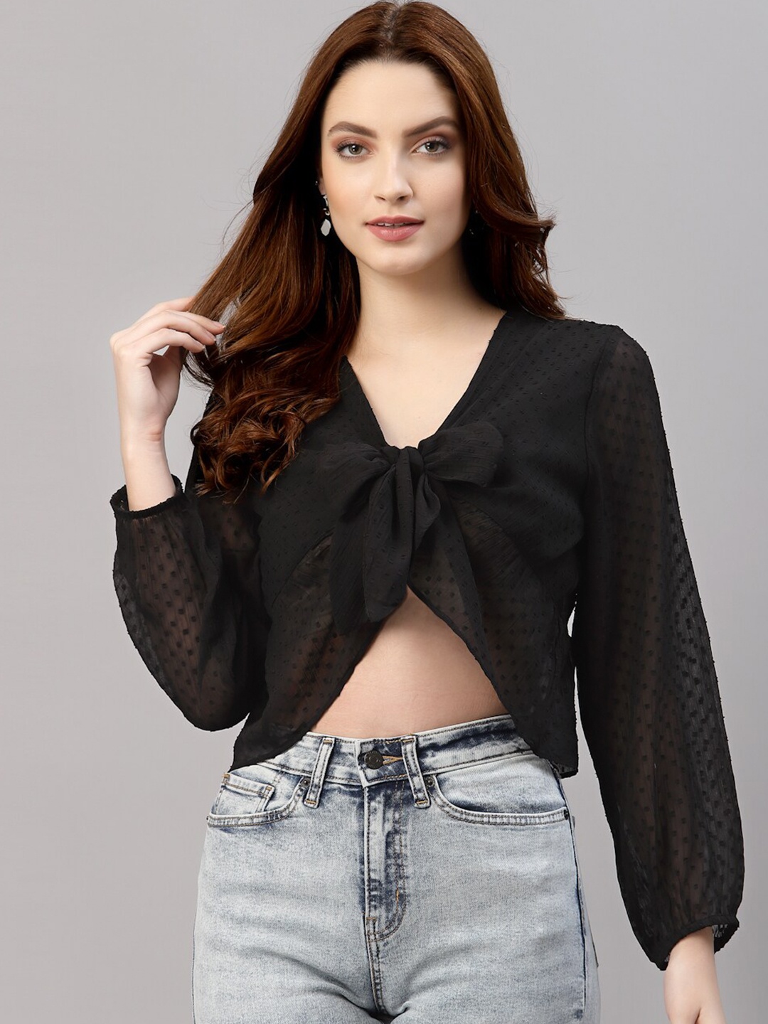 

NEUDIS Women Black Chiffon Self Design Tie Up Crop Top