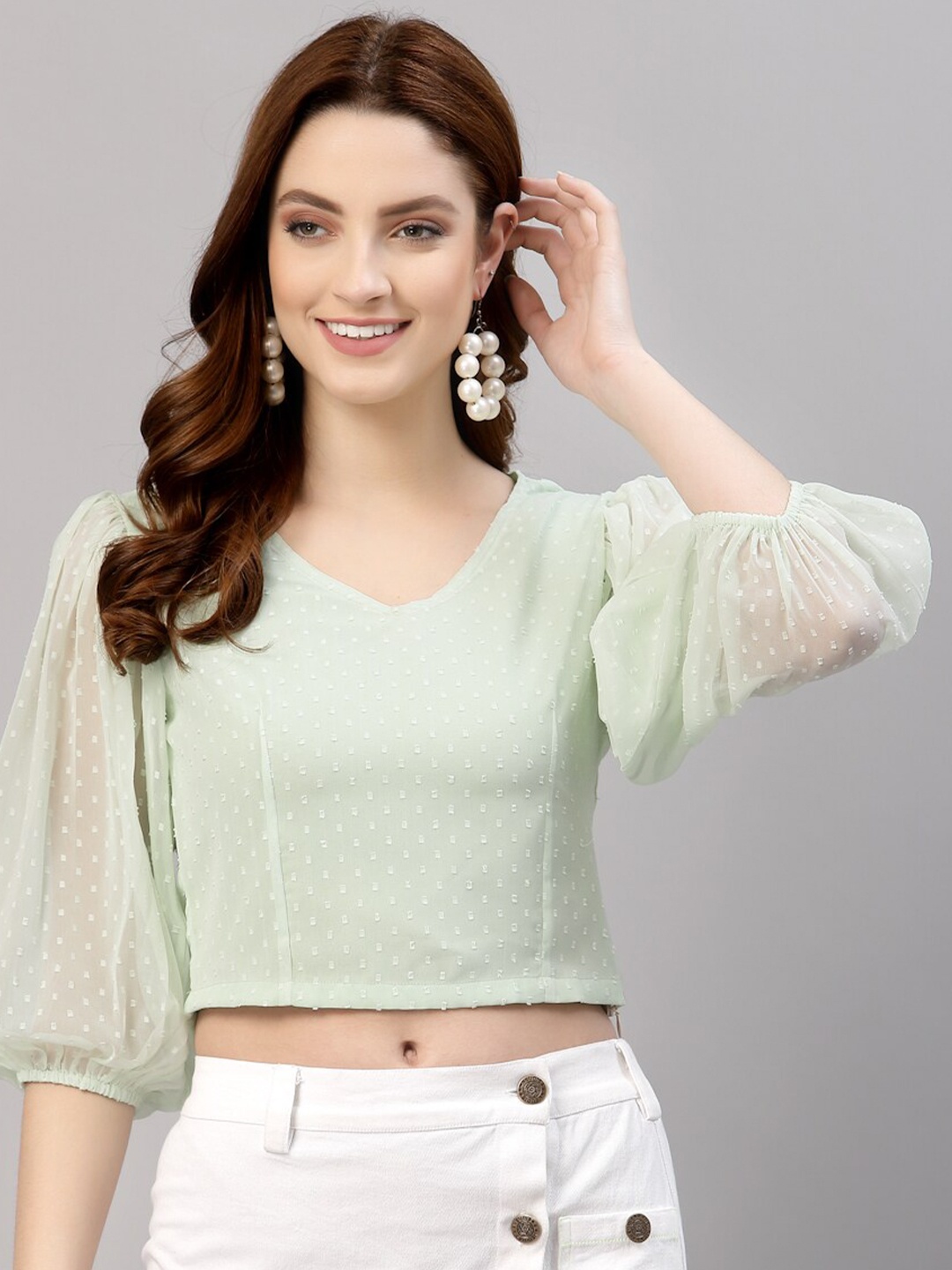 

NEUDIS Green Chiffon Blouson Crop Top