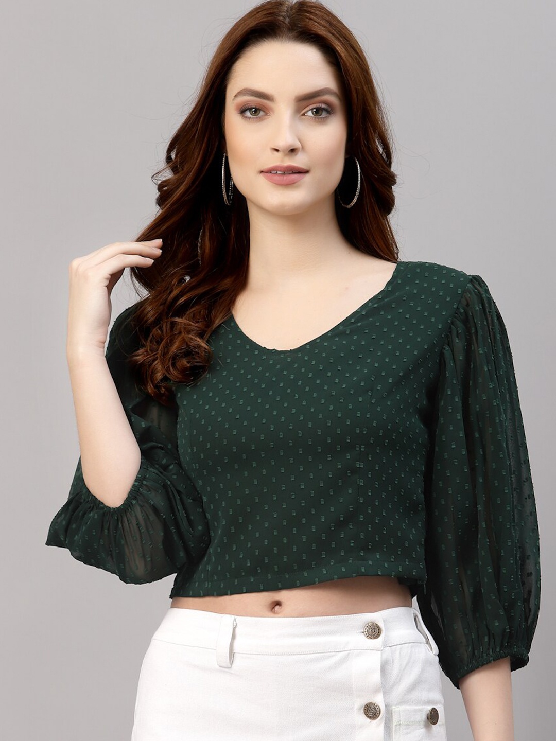 

NEUDIS Women Green Self Design Chiffon Puff Sleeves Crop Top