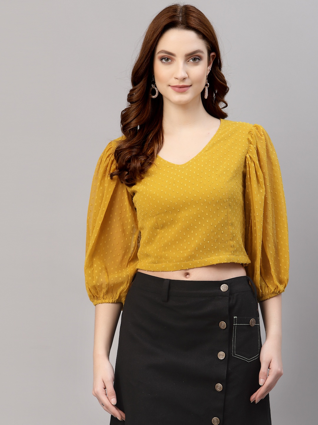 

NEUDIS Women Mustard Yellow Chiffon Self Design Puff Sleeves Blouson Crop Top