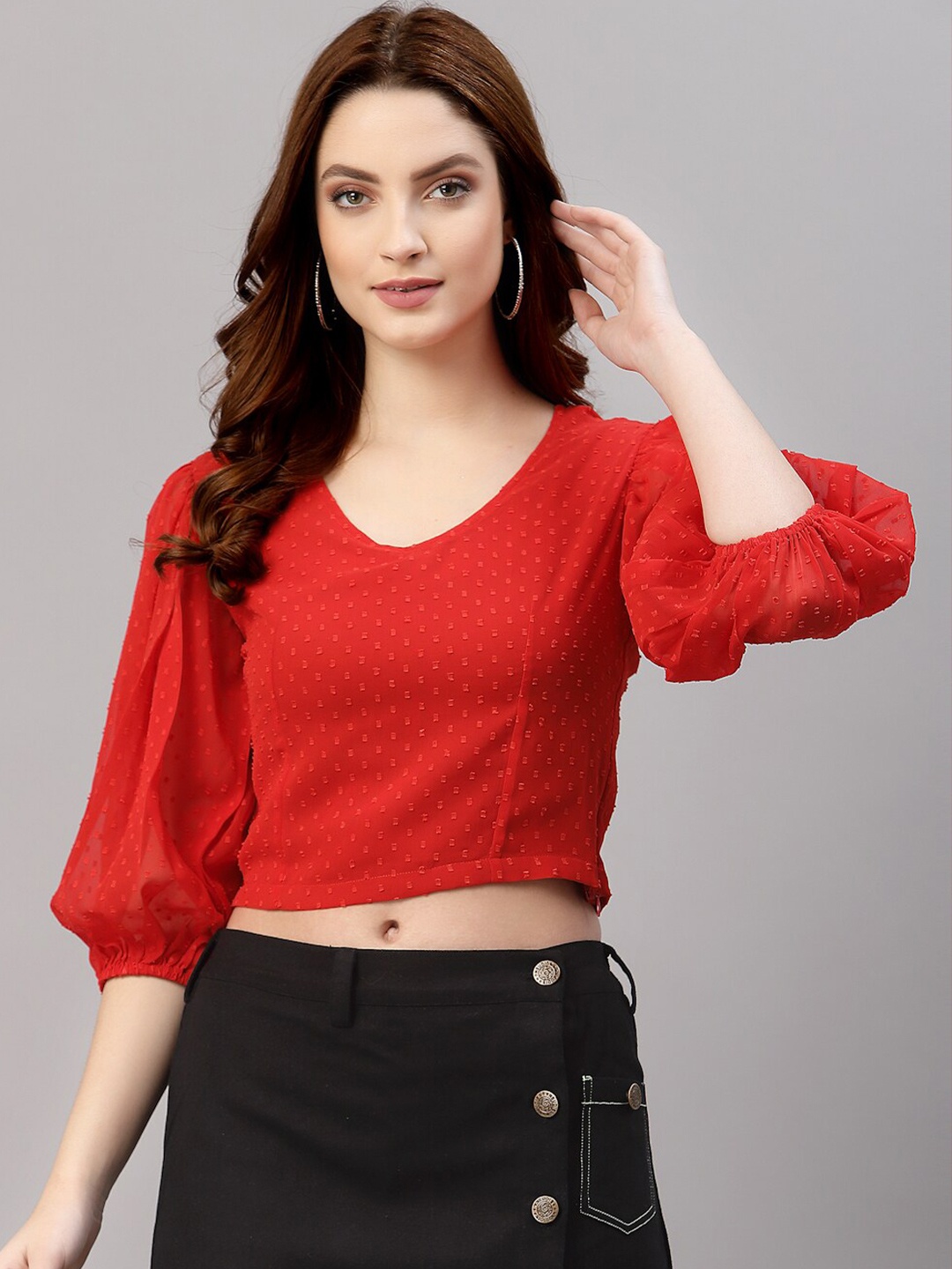 

NEUDIS Women Red Chiffon Self Design Puff Sleeves Blouson Crop Top