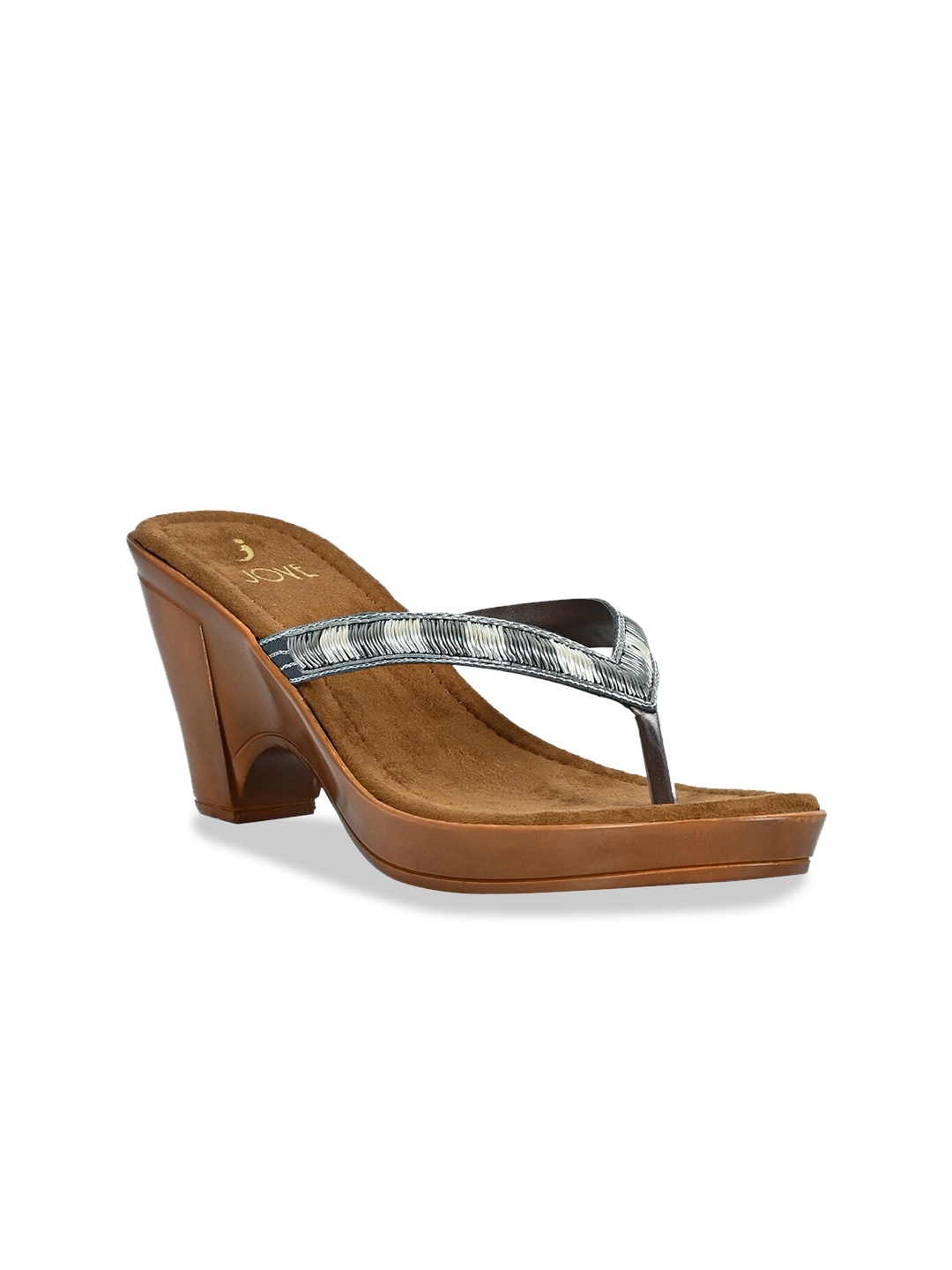 

Jove Silver-Toned & Tan Brow Embellished Block Sandals