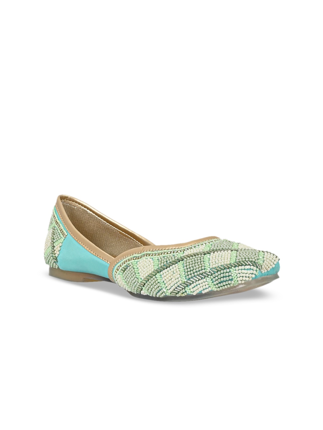 

Jove Women Green & Beige Embellished Ethnic Mojaris Flats