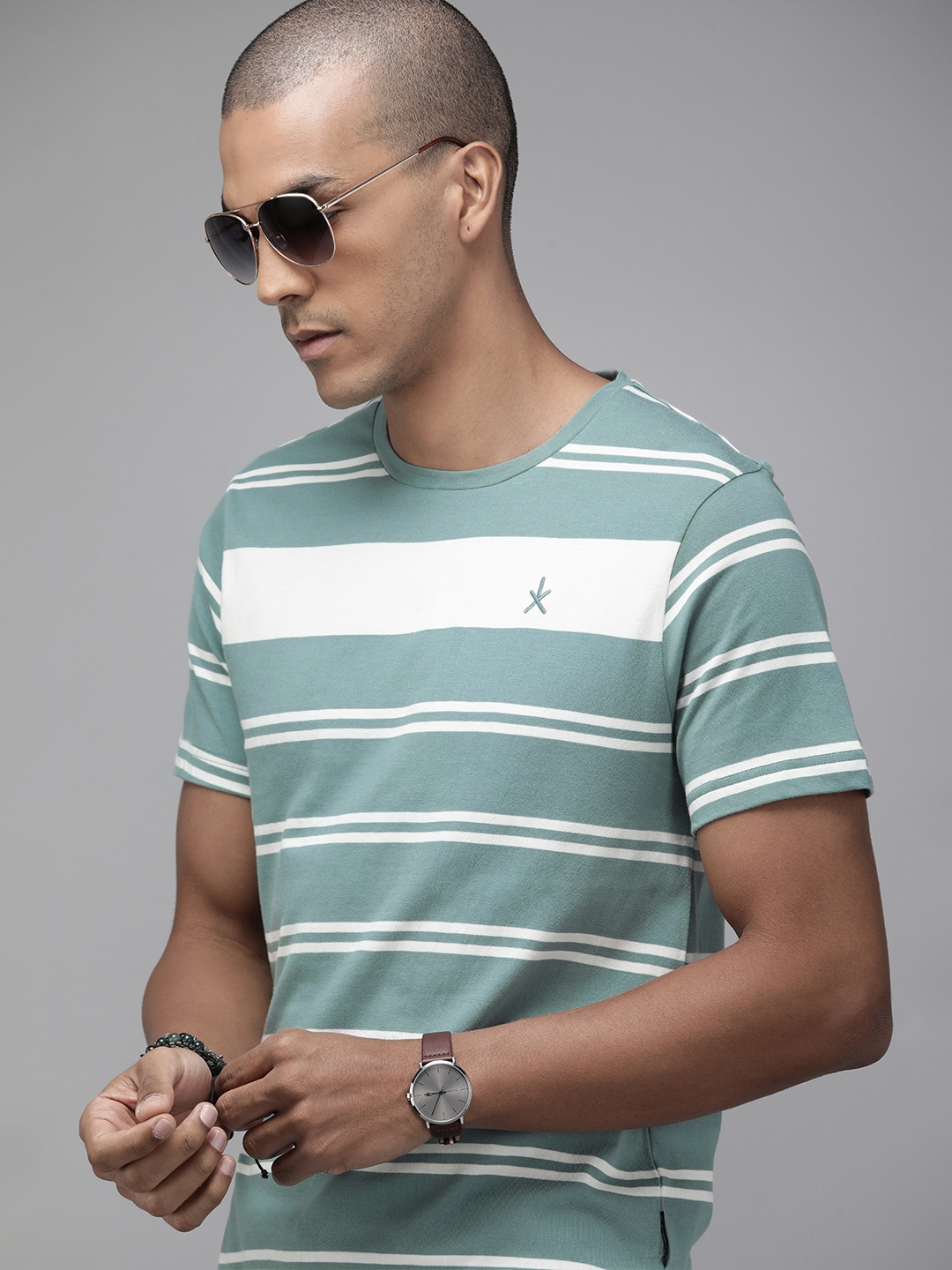 

The Roadster Lifestyle Co Men Blue & White Striped Pure Cotton T-shirt