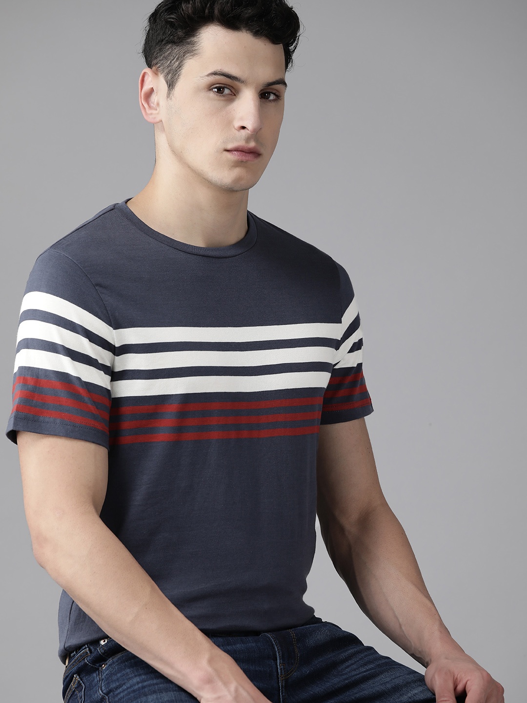 

The Roadster Lifestyle Co. Men Striped Pure Cotton T-shirt, Navy blue