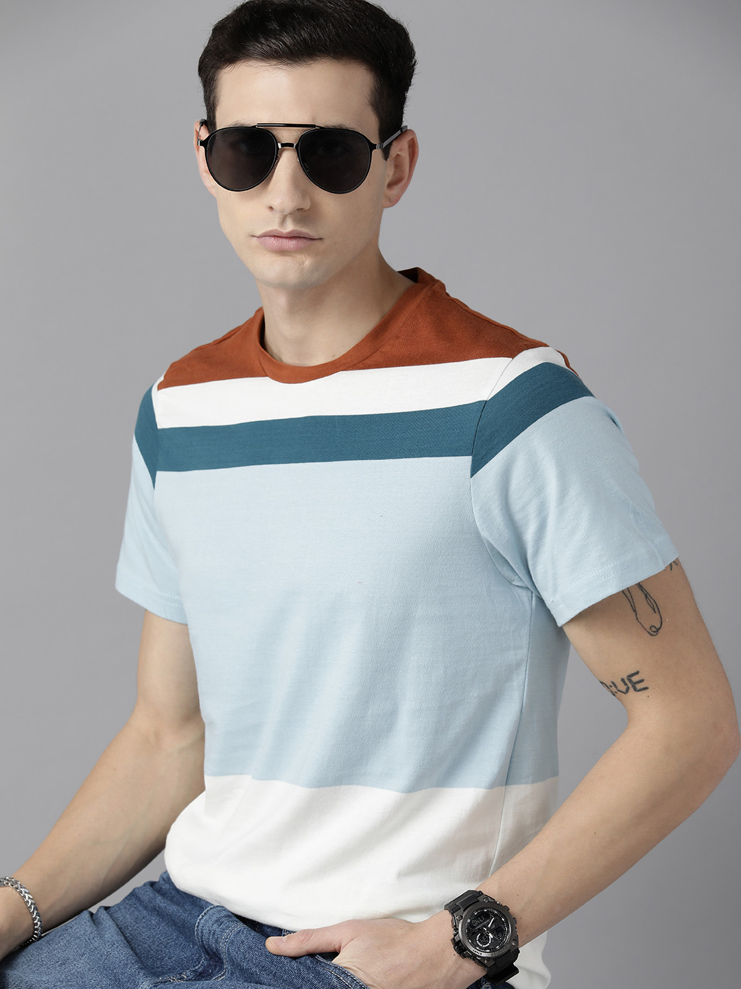 

The Roadster Lifestyle Co. Striped Pure Cotton T-shirt, Blue
