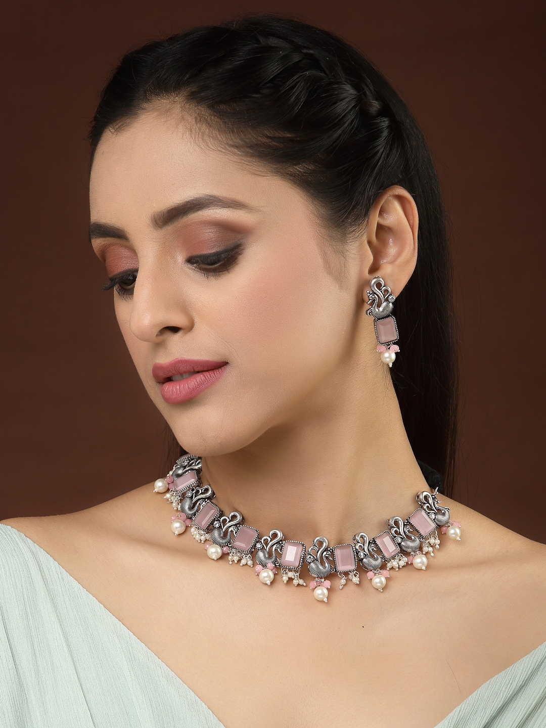 

PANASH Oxidized Silver-Toned Pink Peacock Shaped Pearl Choker Necklace with Earrings