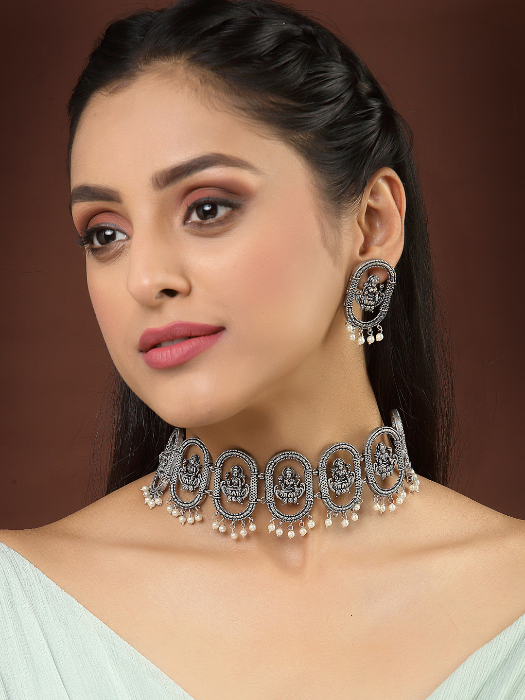 

PANASH Silver-Toned Oxidized Antique Temple Choker Necklace with Earrings