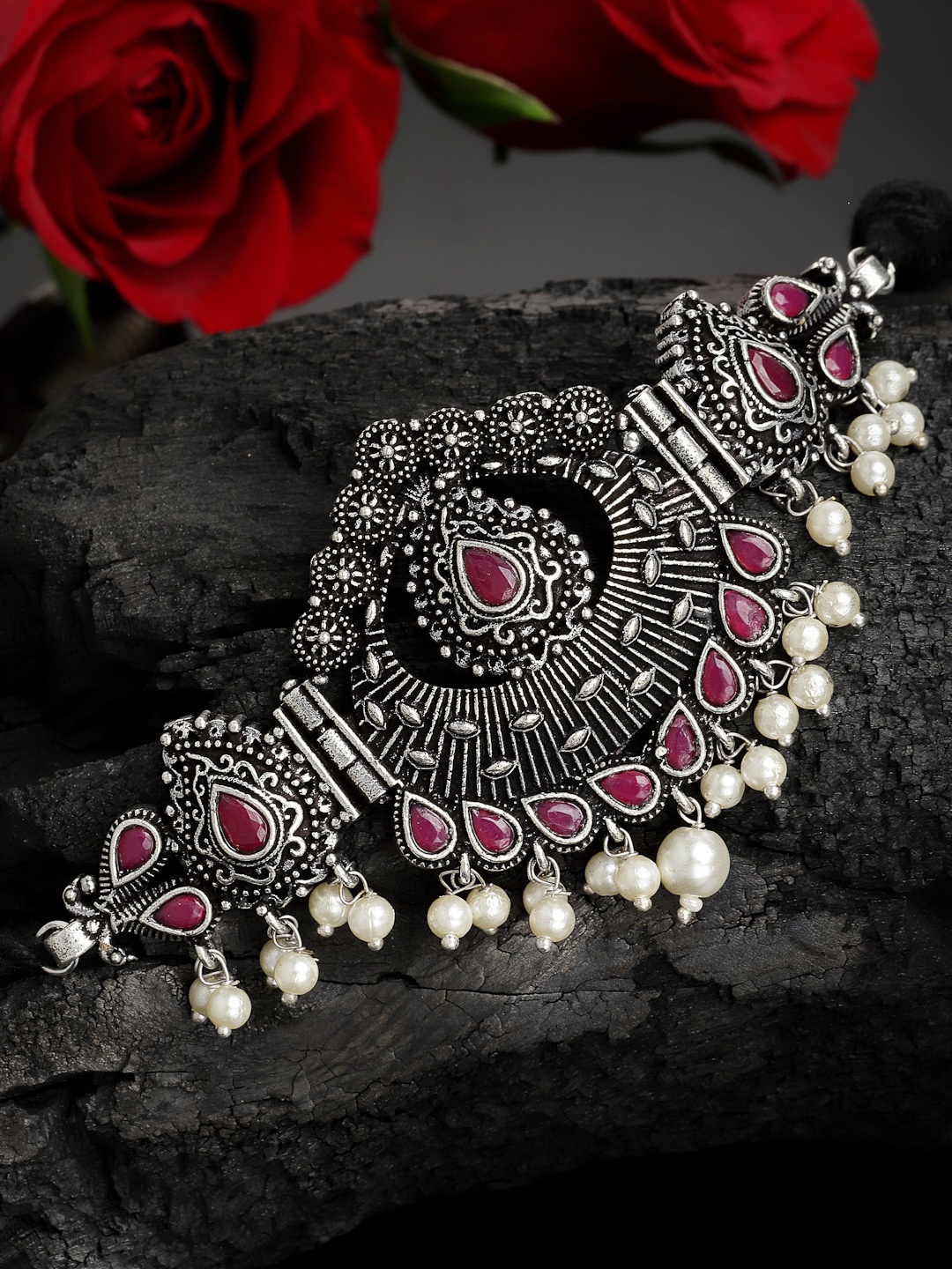 

PANASH Oxidized Silver-Toned Pink Stone-Studded Pearl Choker Necklace