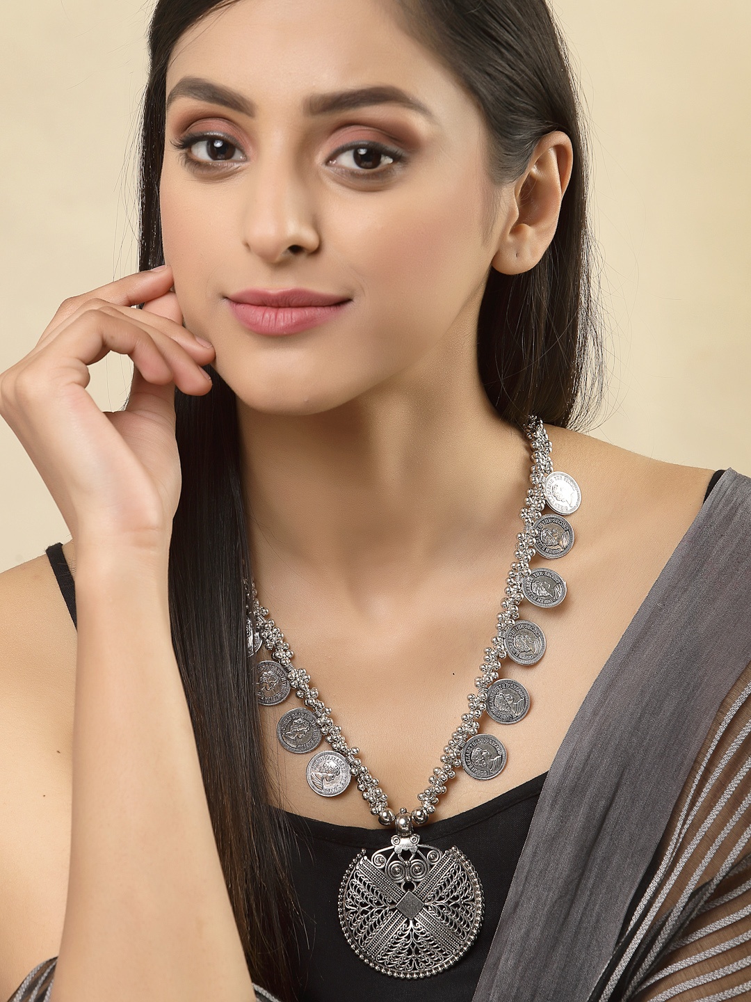 

PANASH Silver-Toned Oxidized Coin Necklace