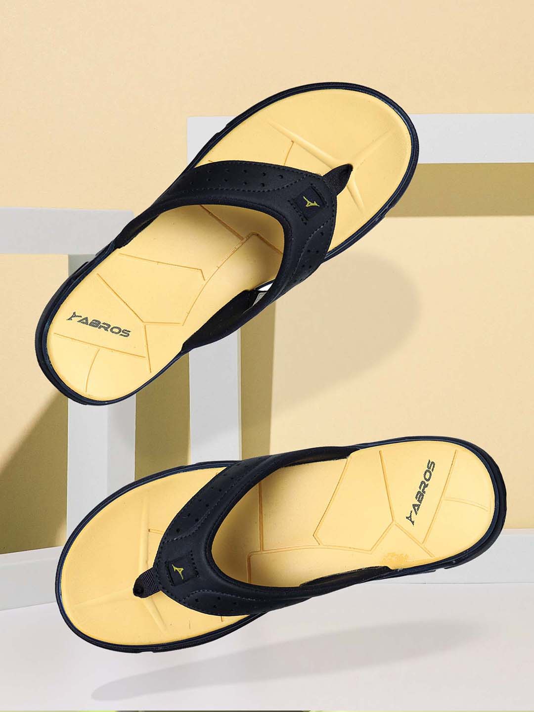 

ABROS Men Navy Blue & Mustard Thong Flip-Flops