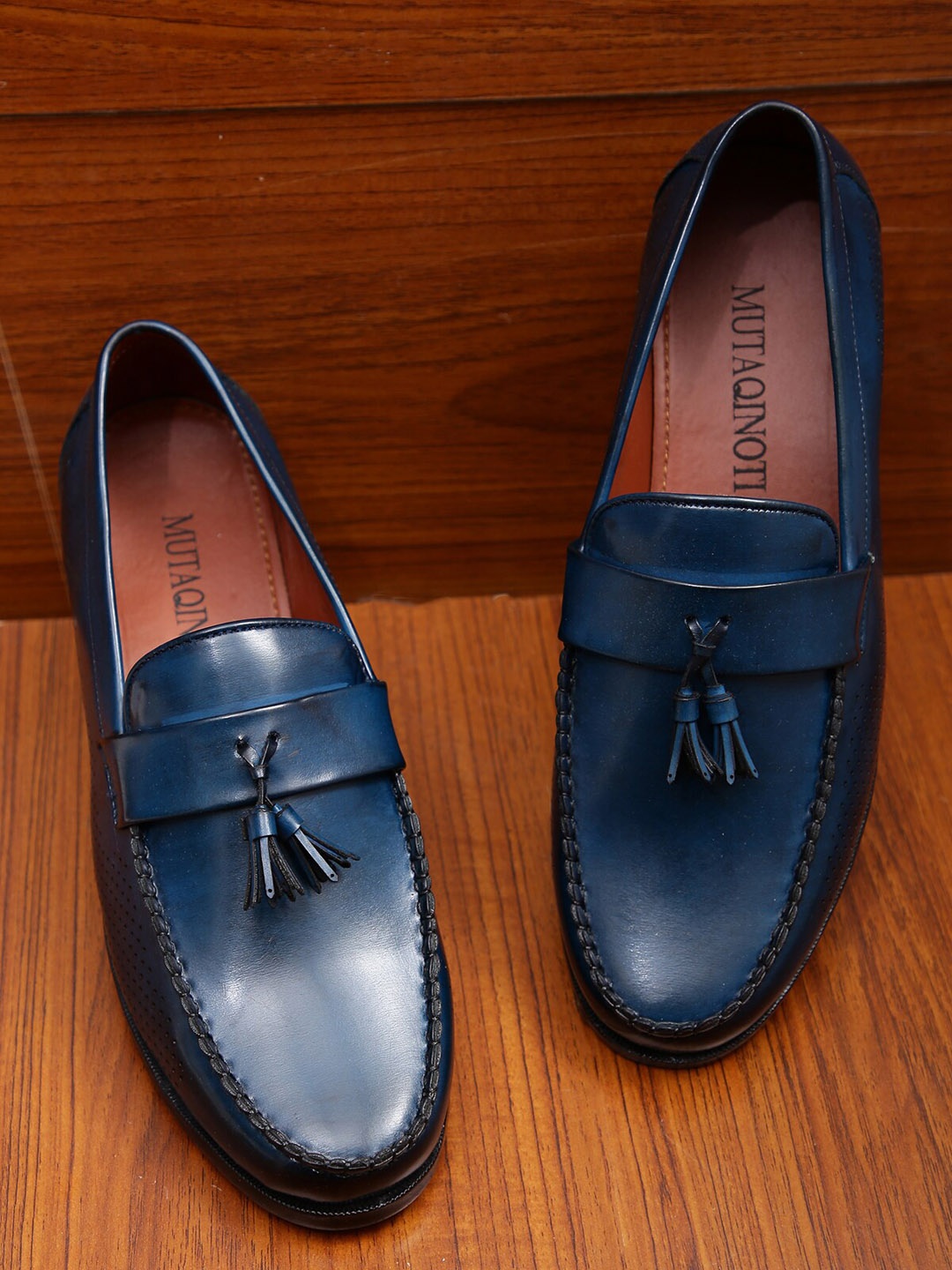 

MUTAQINOTI Men Blue Patent Leather Loafers