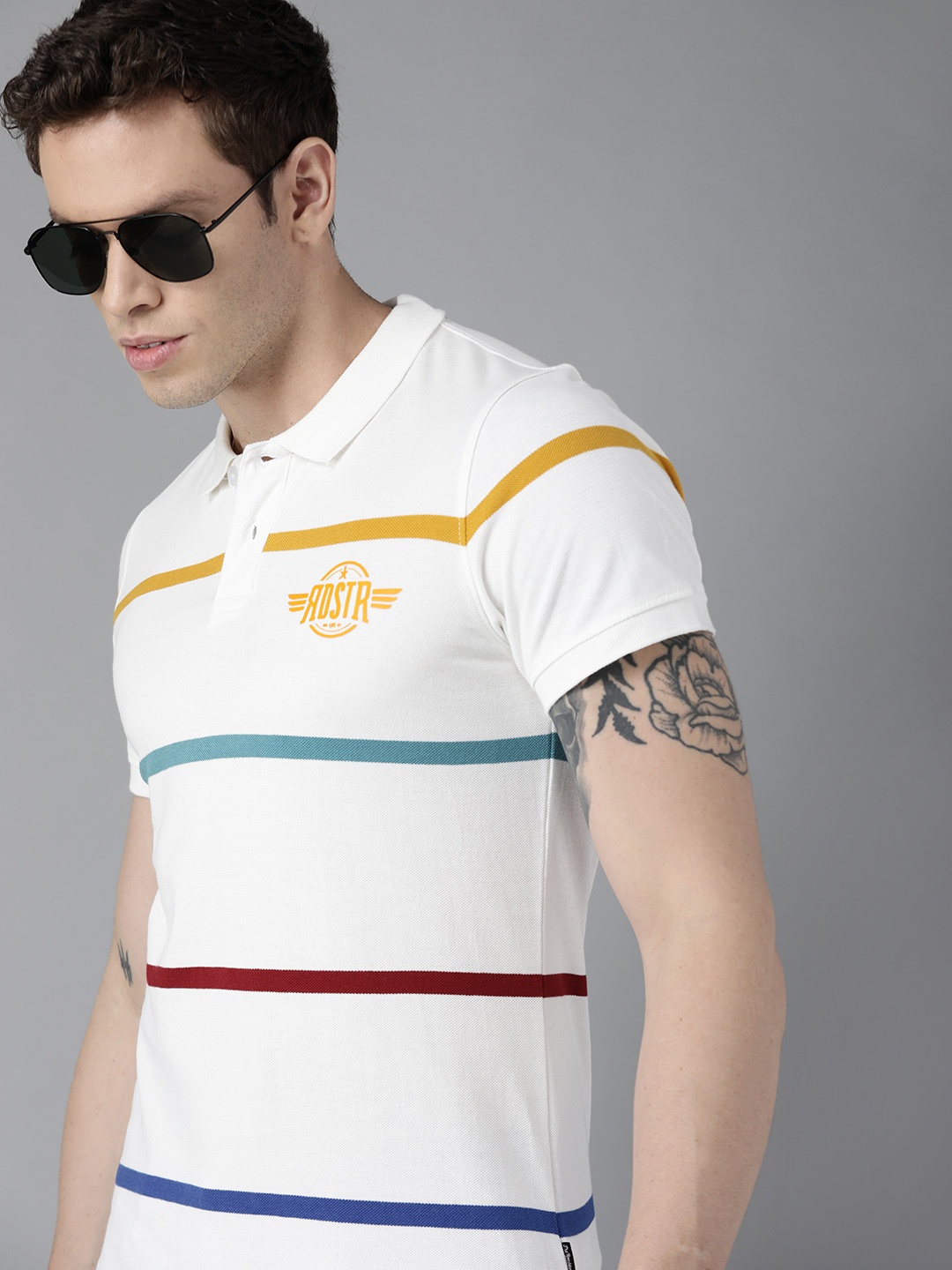 

Roadster Men Off White & Yellow Striped Polo Collar Pure Cotton T-shirt