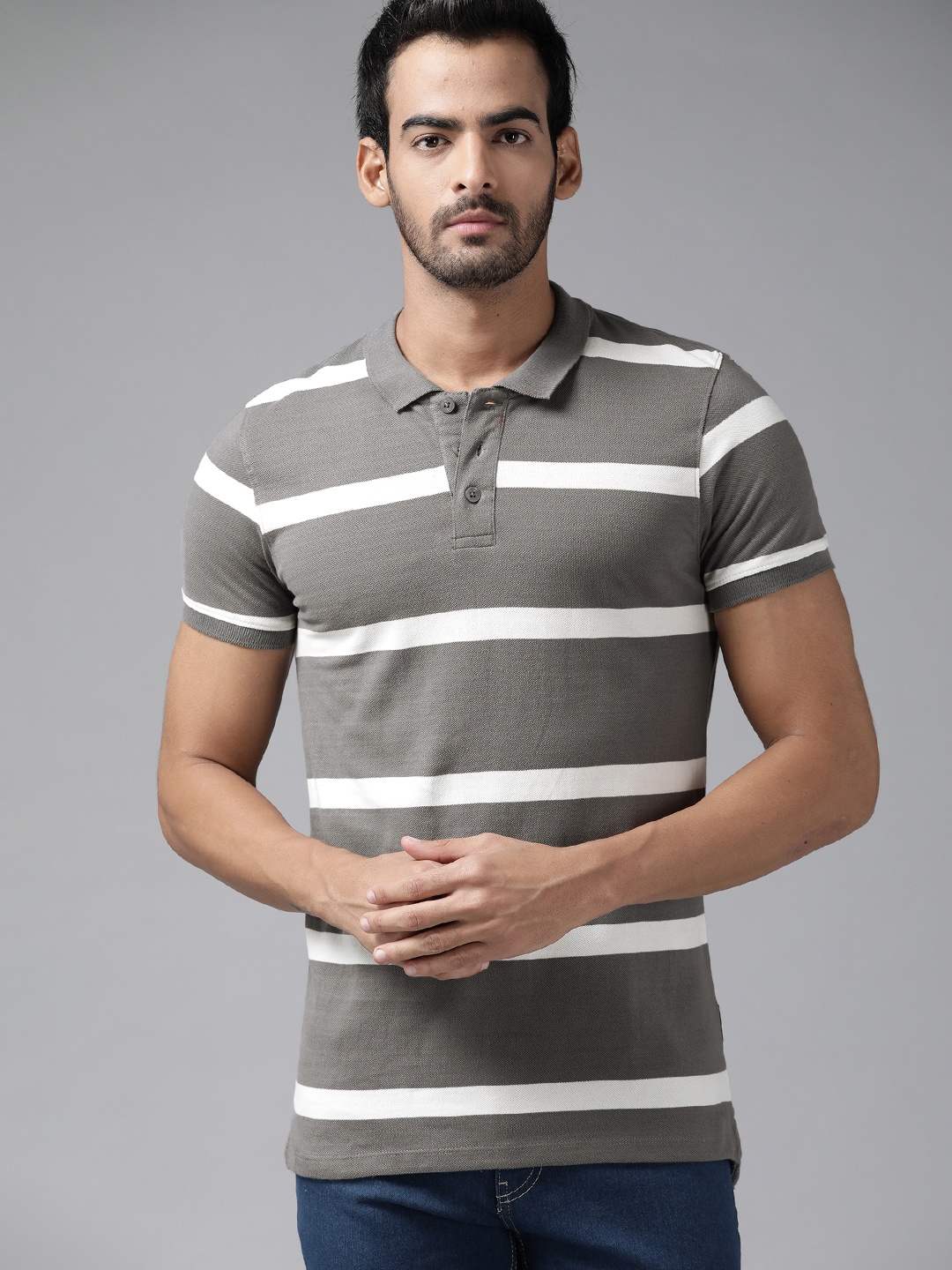 

Roadster Men Grey & White Striped Polo Collar Pure Cotton T-shirt