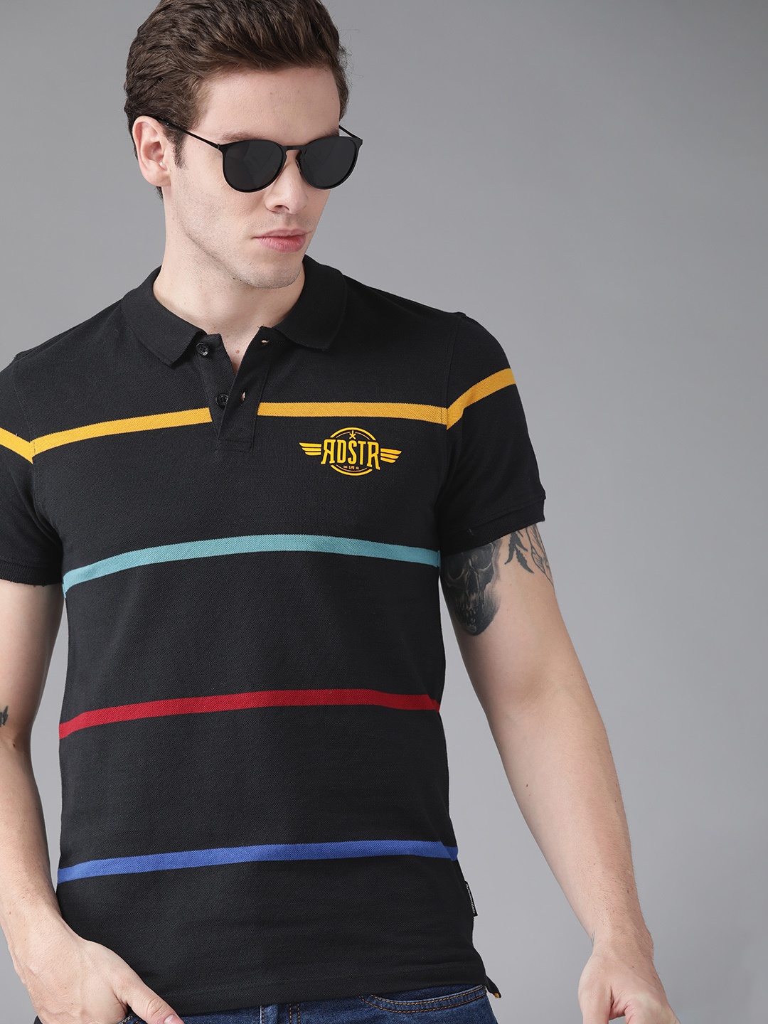 

Roadster Men Black Striped Polo Collar Pure Cotton T-shirt