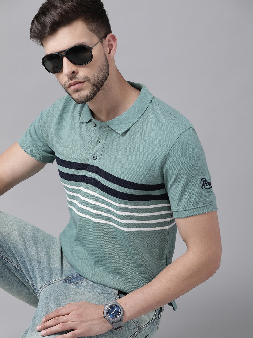 

Roadster Men Green & White Striped Polo Collar Pure Cotton T-shirt