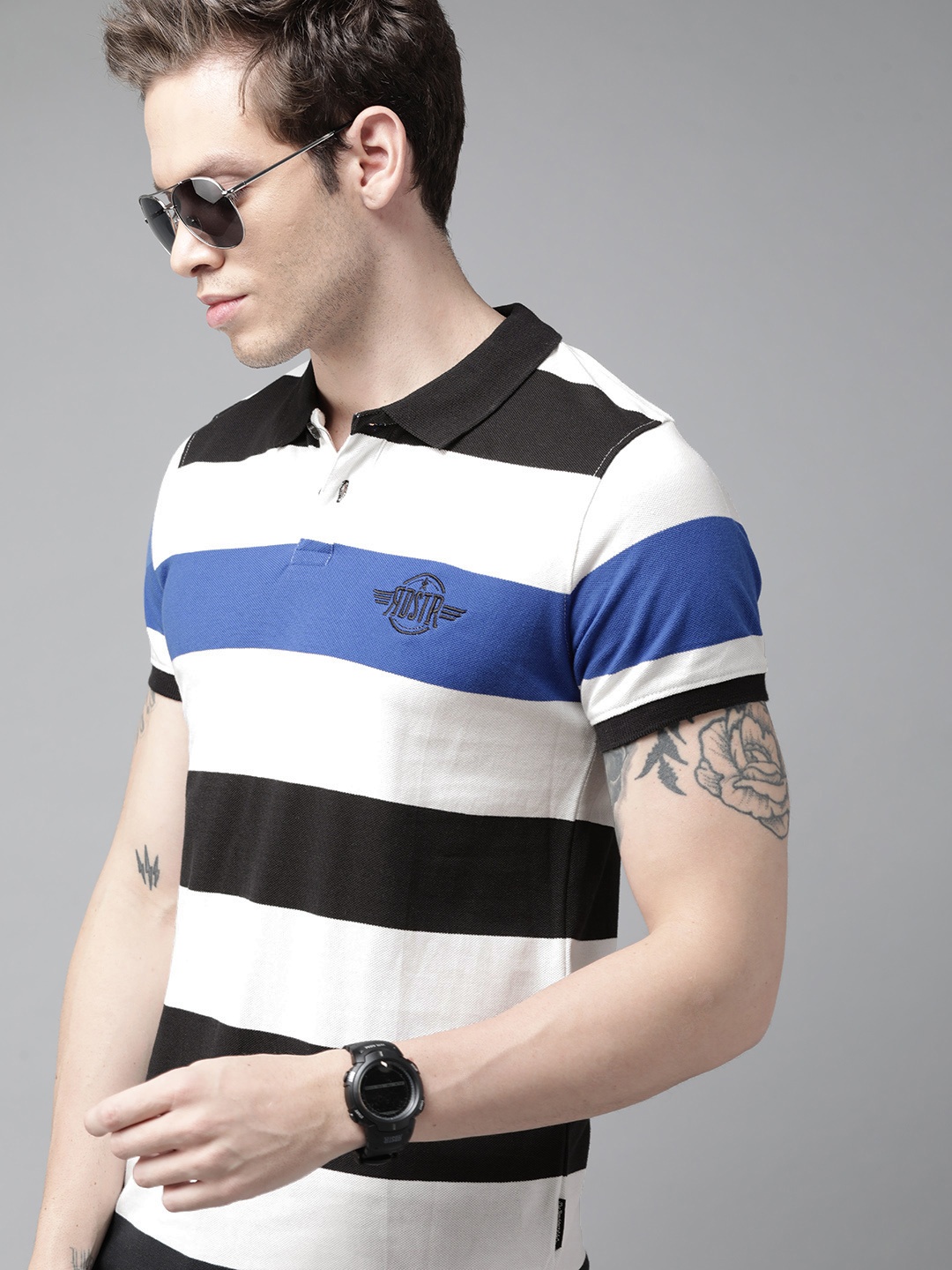 

Roadster Men Black & White Striped Polo Collar Pure Cotton T-shirt