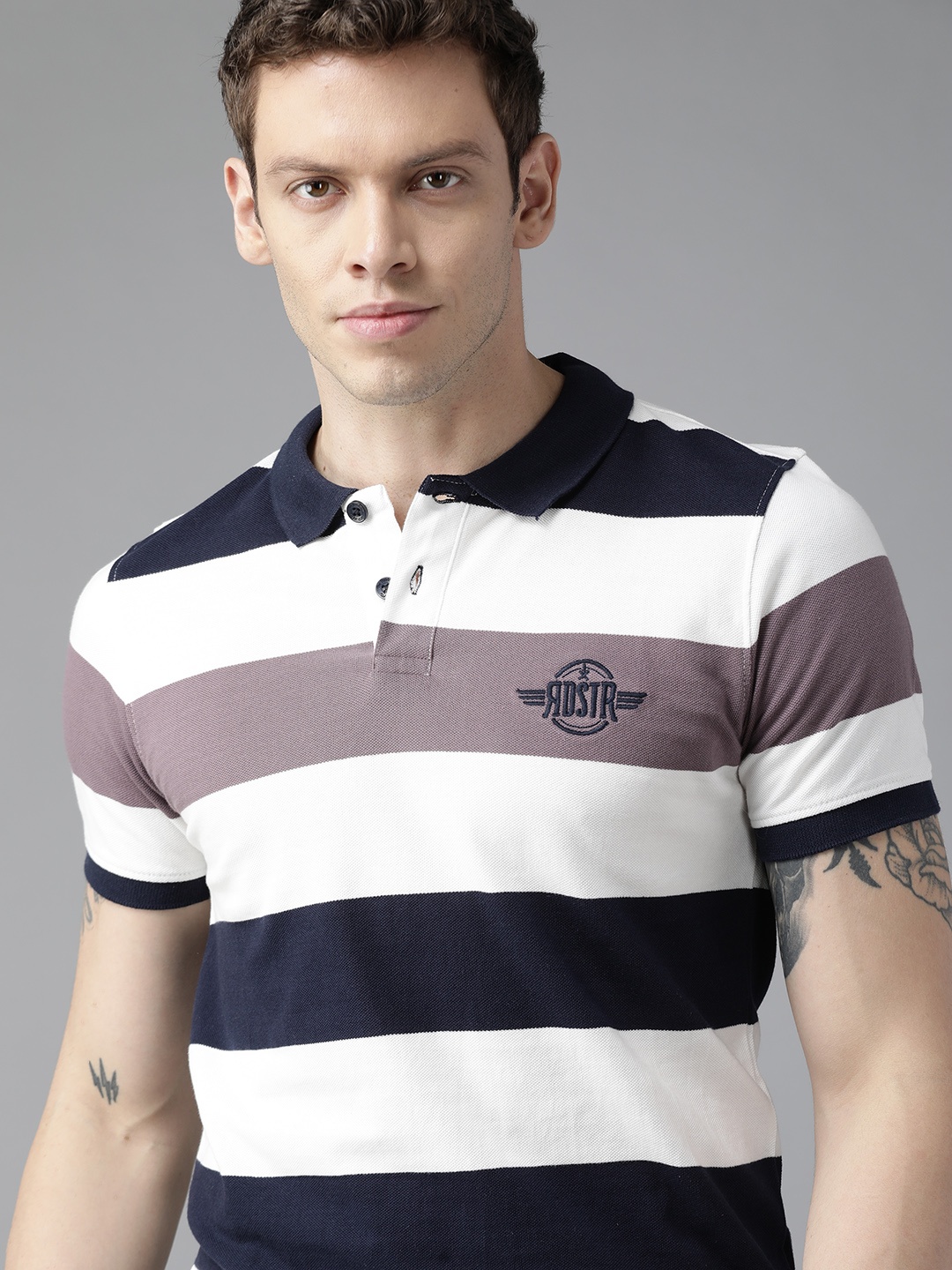 

Roadster Men White & Navy Blue Striped Polo Collar Pure Cotton T-shirt