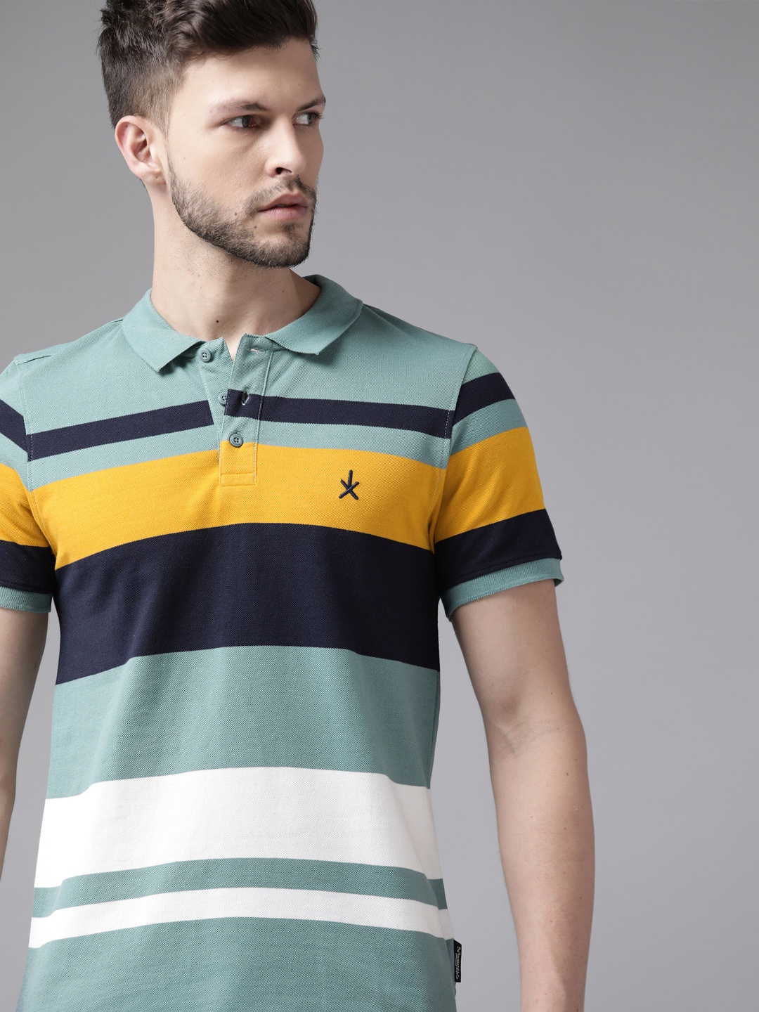 

Roadster Men Green & Yellow Striped Polo Collar Pure Cotton T-shirt
