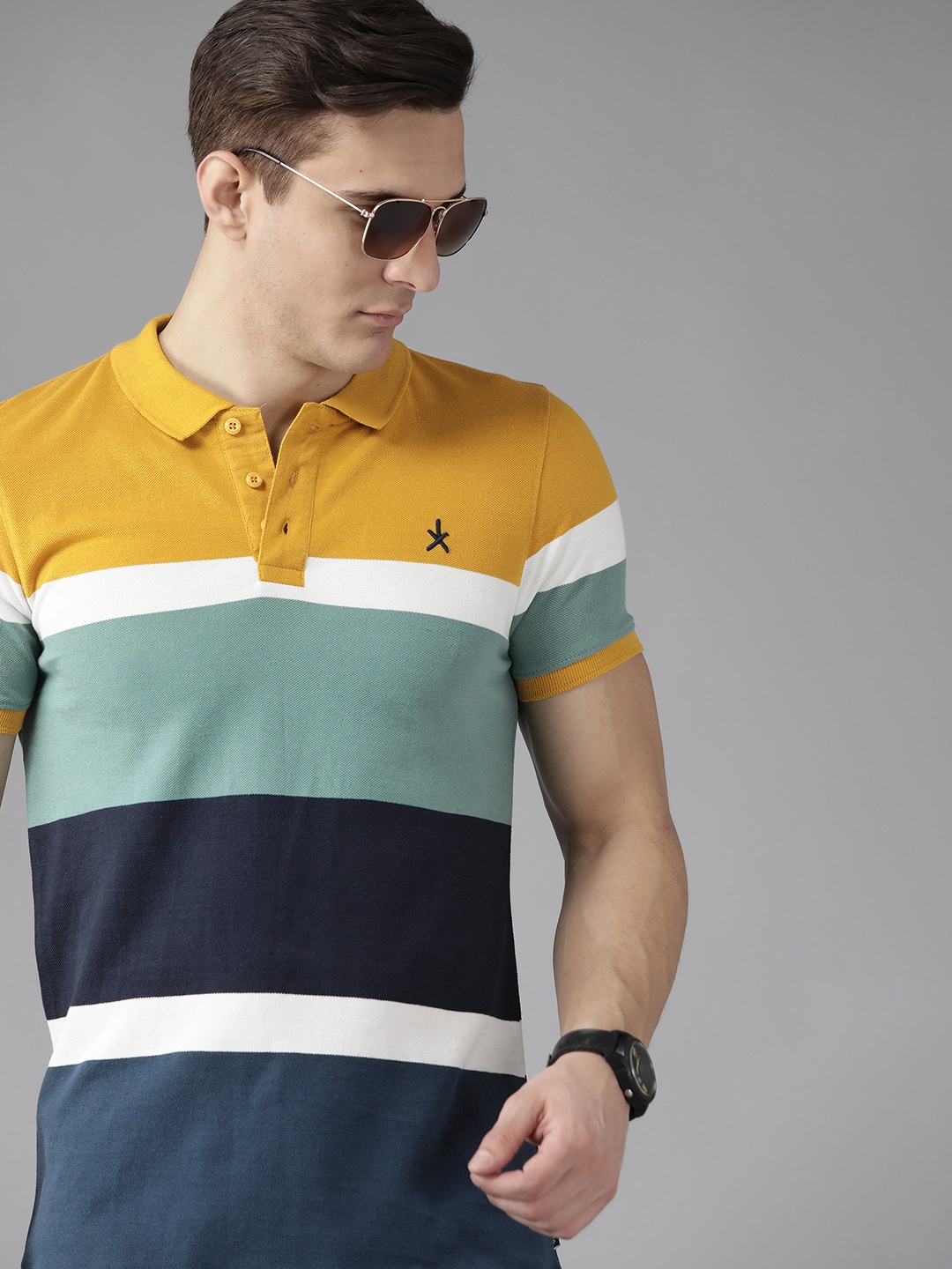 

Roadster Men Mustard Yellow & Blue Colourblocked Polo Collar Pure Cotton T-shirt