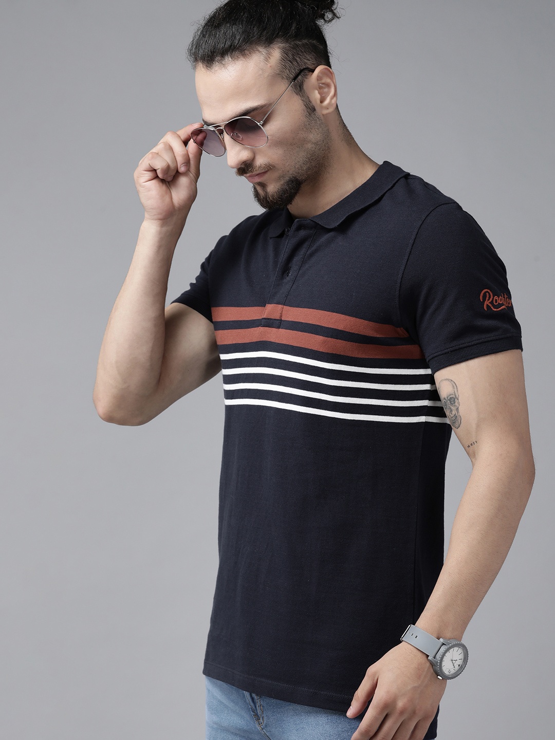 

Roadster Men Navy Blue & White Striped Polo Collar Pure Cotton T-shirt