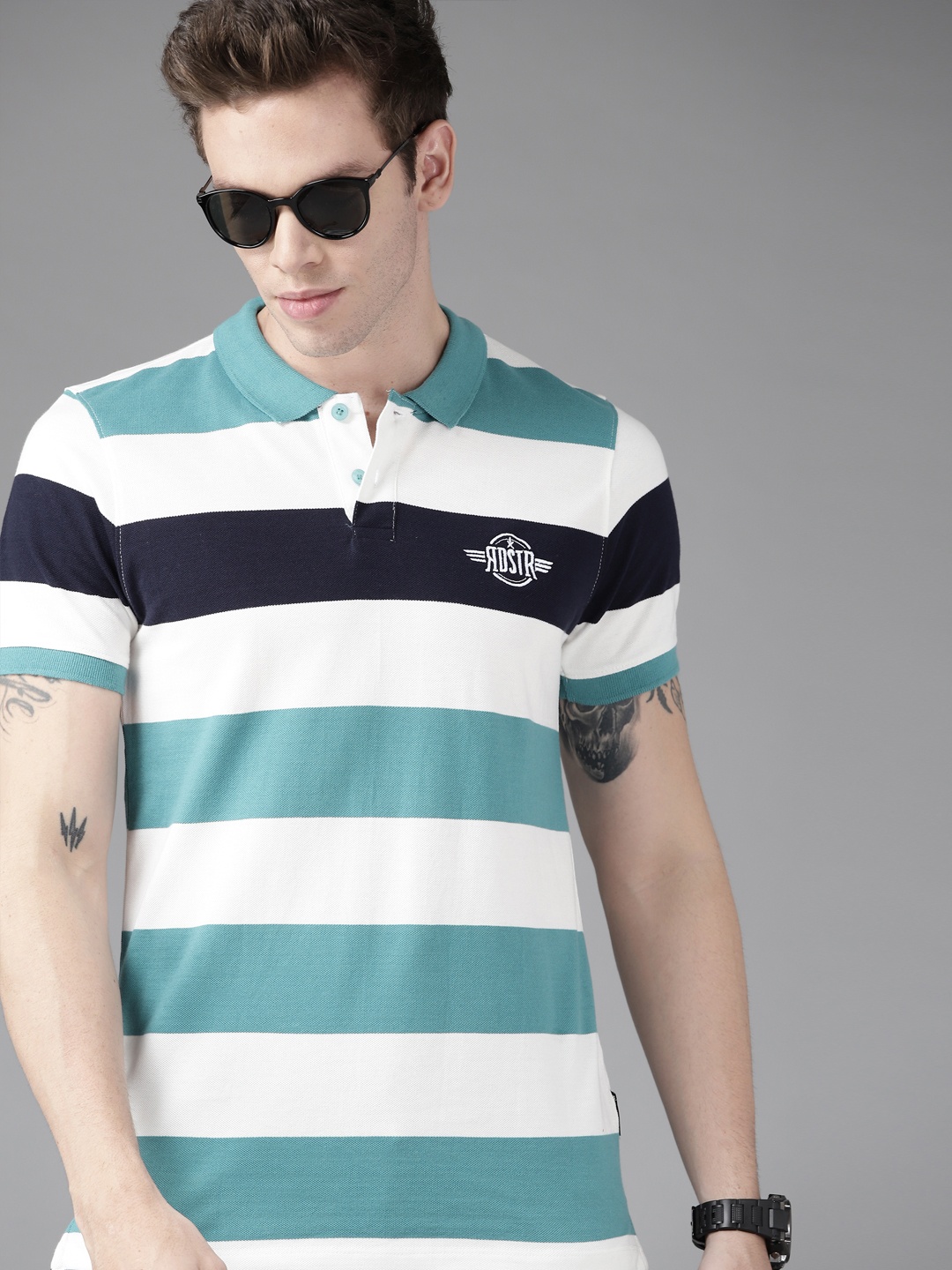 

Roadster Men White & Blue Striped Polo Collar Pure Cotton T-shirt