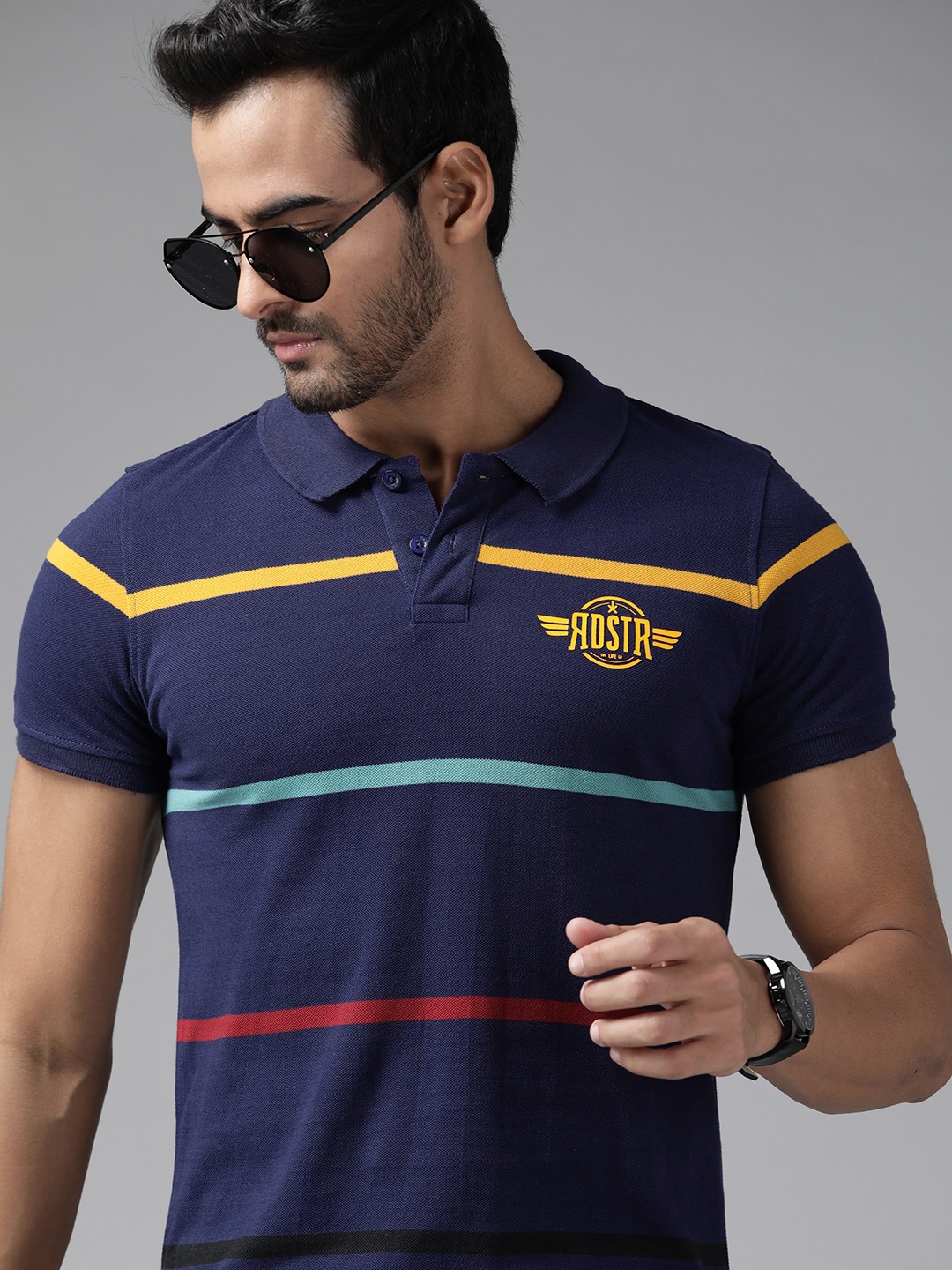 

Roadster Men Navy Blue Striped Polo Collar Pure Cotton T-shirt