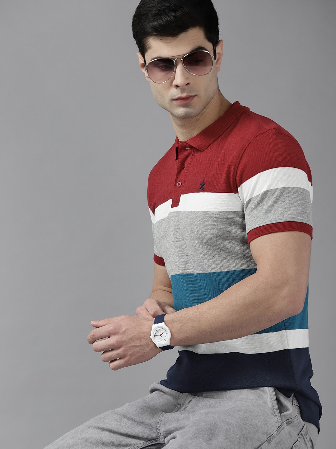 

Roadster Men Maroon & Black Pure Cotton Striped Polo Collar T-shirt