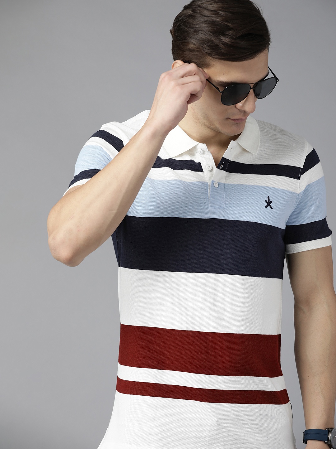 

Roadster Men White & Blue Striped Polo Collar Pure Cotton T-shirt