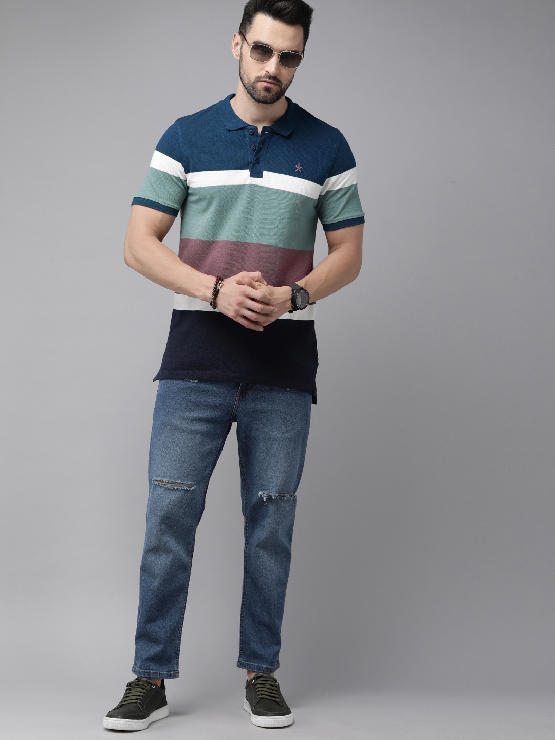 

The Roadster Lifestyle Co. Men Navy Blue & Green Colourblocked Polo Collar T-shirt