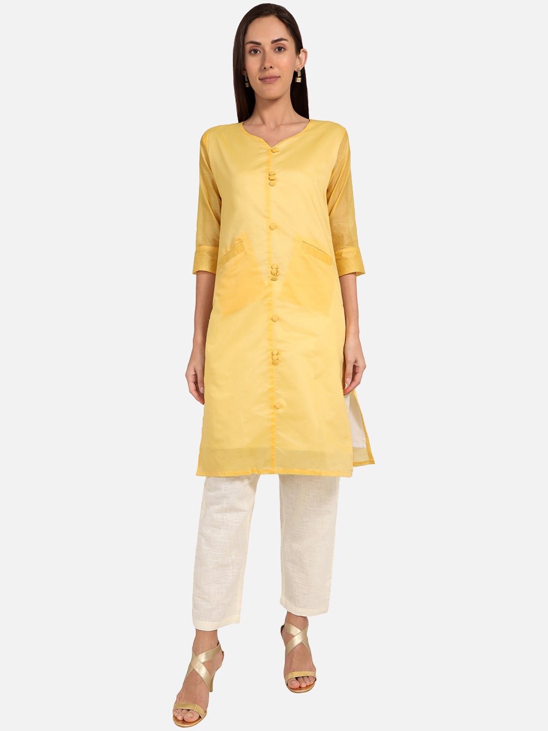 

SALWAR STUDIO Women Yellow Solid Straight Kurta