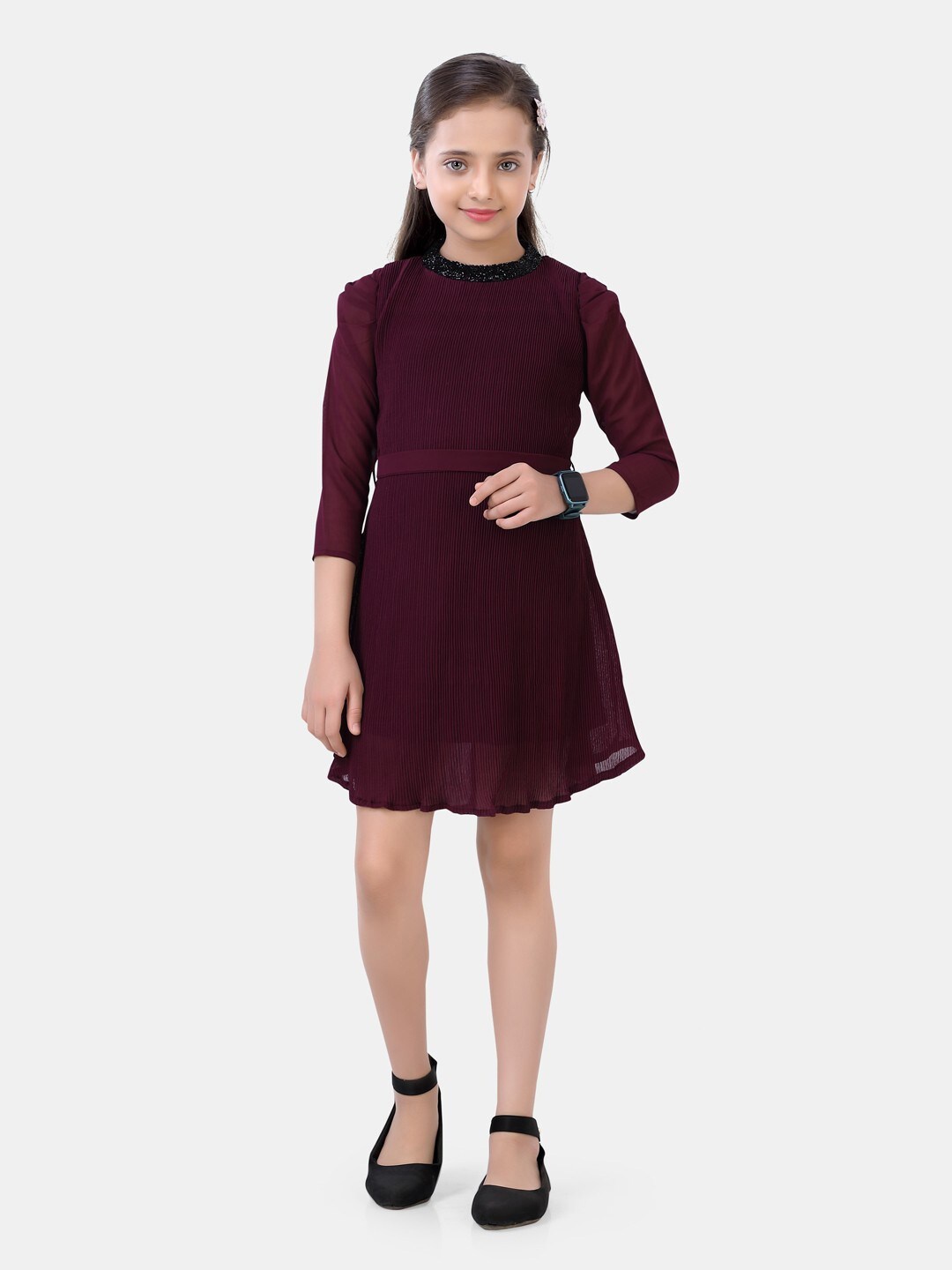 

POPLINS Burgundy Pleated Cotton Above Knee Dress